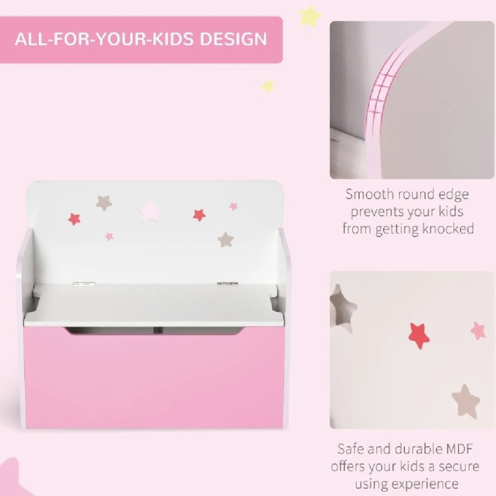 Little Helper Toy Storage Units | Toy Storage Units | Children’s 2-in-1 Toy Box and Seat | Slow Release Safety Hinge | White & Pink | 3 Years+