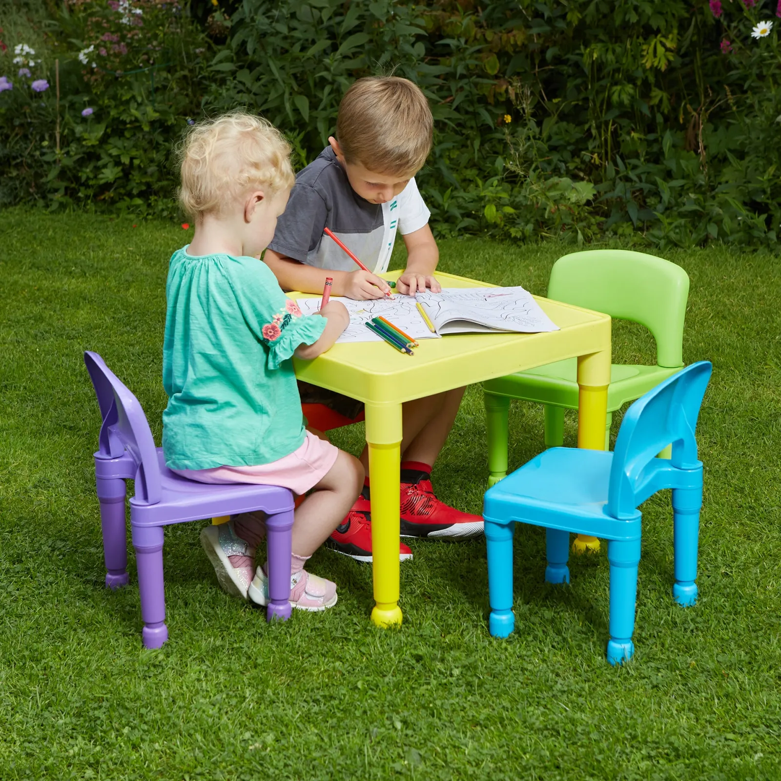 Little Helper Table & Chairs (plastic) | Children's Indoor & Outdoor Plastic Easy Clean Table & 4 Chairs Set | Multicoloured