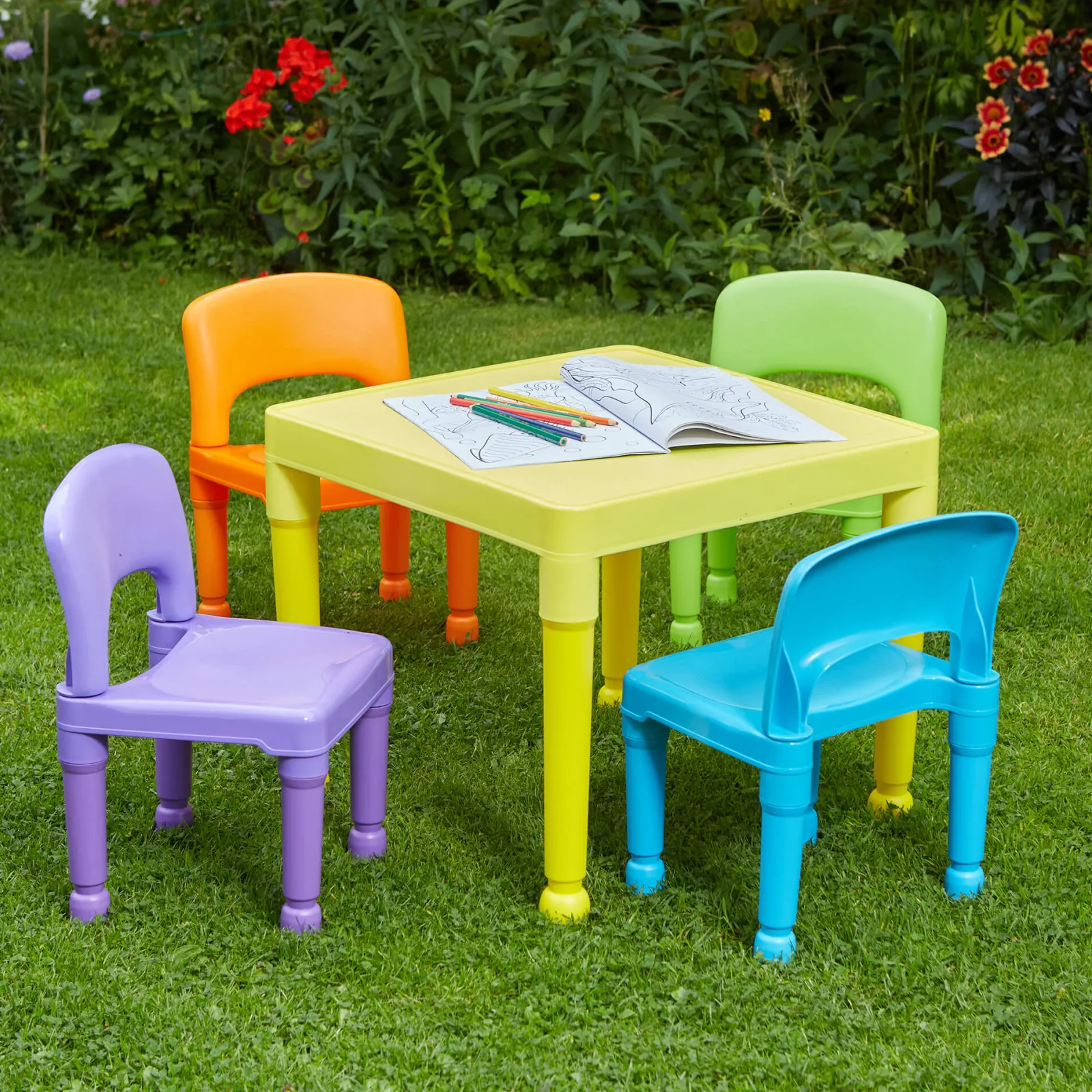 Little Helper Table & Chairs (plastic) | Children's Indoor & Outdoor Plastic Easy Clean Table & 4 Chairs Set | Multicoloured