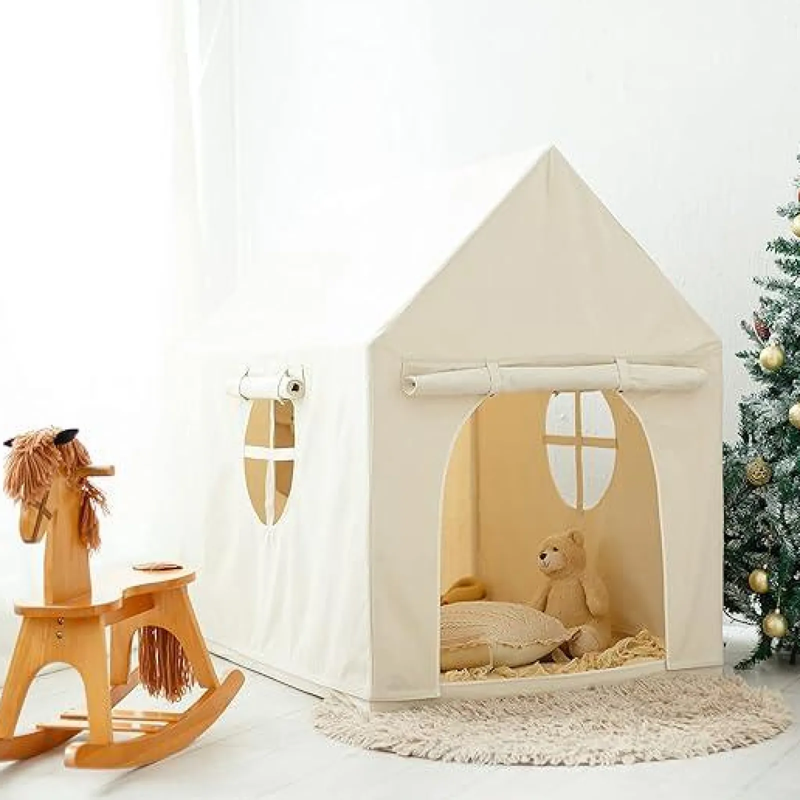 Little Helper Playhouses, Teepees & Dens | Playhouses, Teepees & Dens | Children’s Large Montessori Wendy House | Play House | 1.3m High | Cream | 3-8 Years