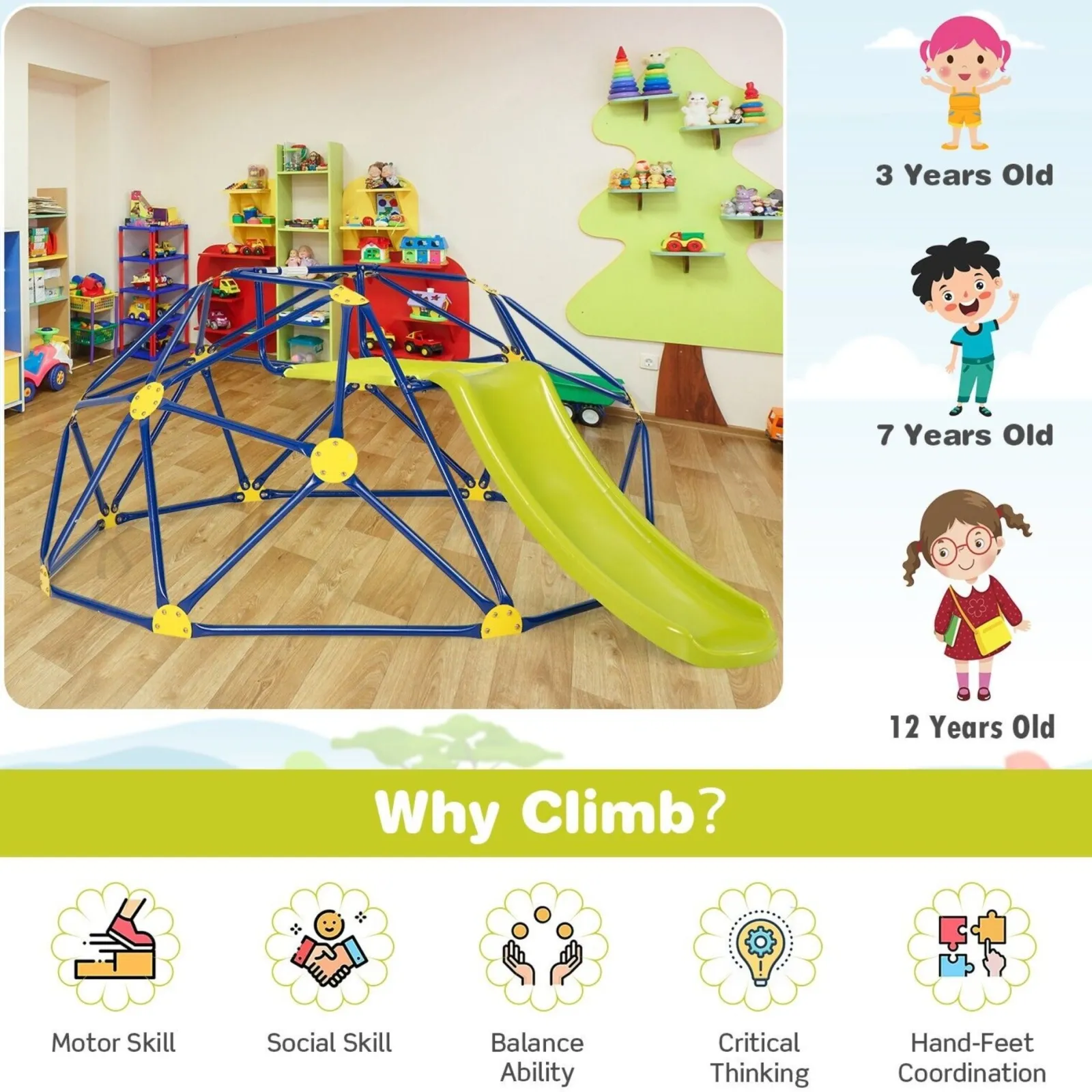 Little Helper Swing & Slide Sets & Garden Play & Trampolines | Kids Climbing Frames & Activity Toys | Children's Large Rust-resistant Indoor & Outdoor Montessori Climbing Frame Dome with Slide | 3-12 years
