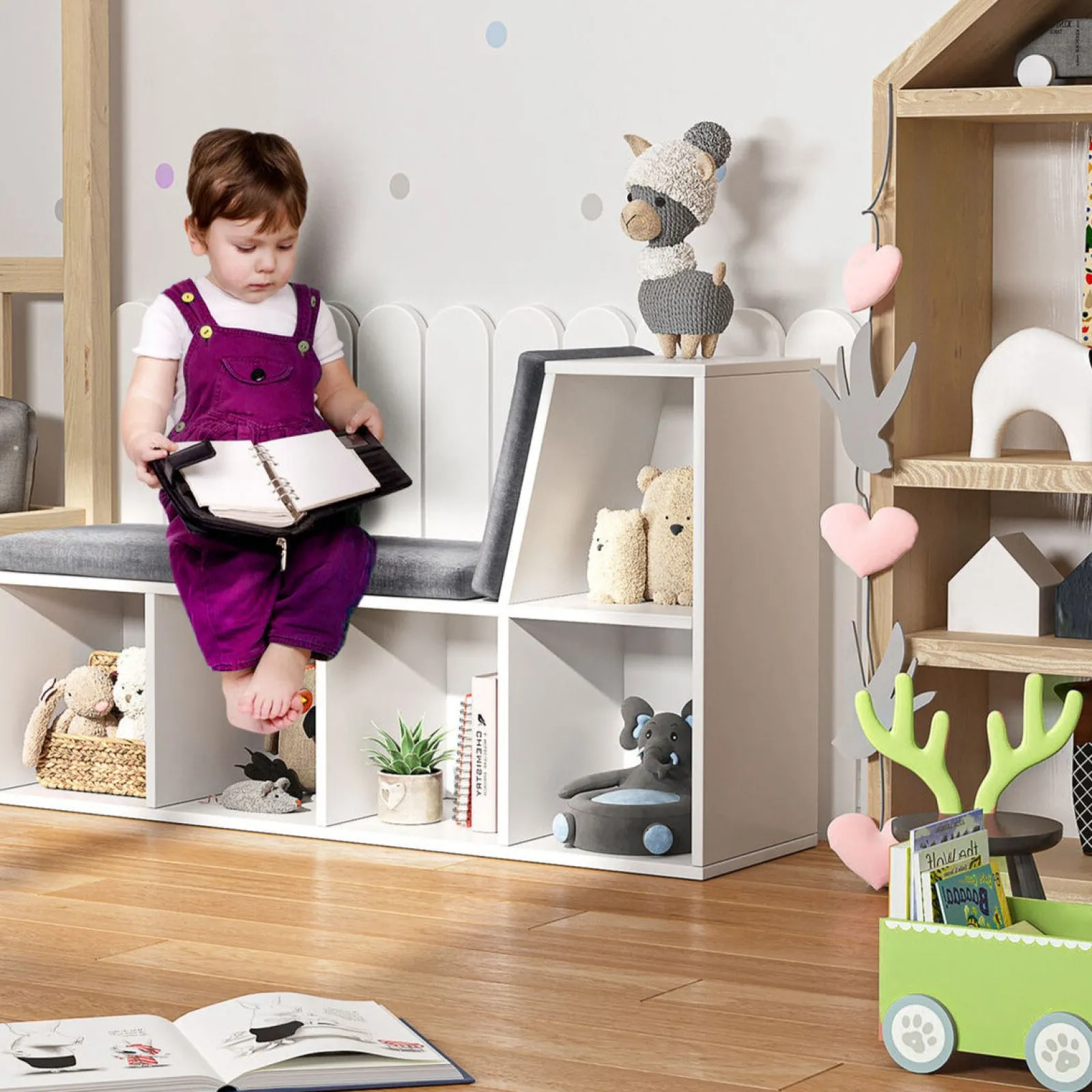 Little Helper Montessori Toys & Products | Toy Storage Units | Childrens Montessori Bookcase | Toy Storage | Kids Reading Seat | White
