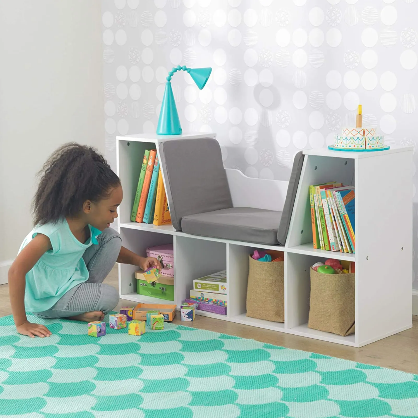 Little Helper Montessori Toys & Products | Toy Storage Units | Childrens Montessori Bookcase | Toy Storage | Kids Reading Seat | White | Grey Cushions