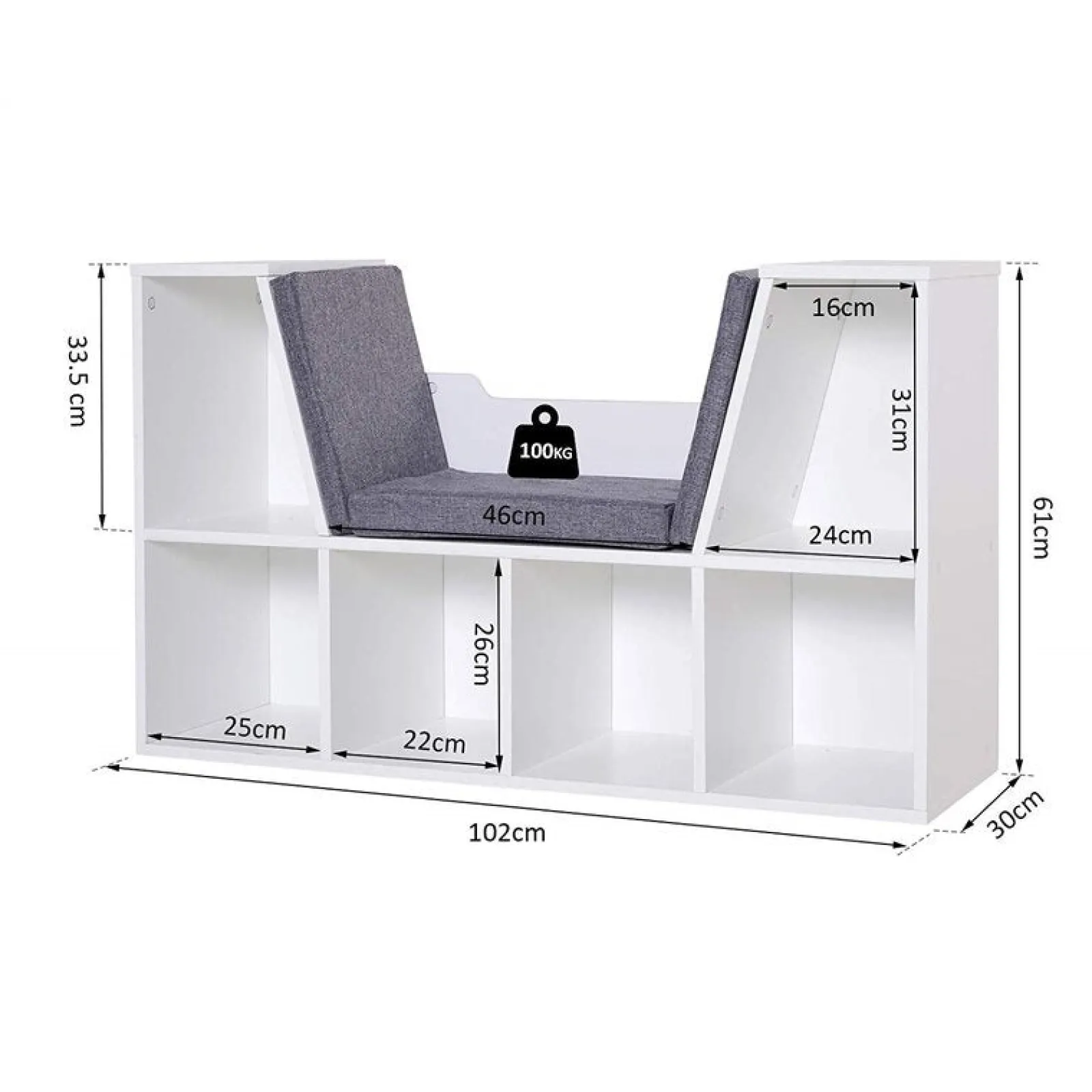 Little Helper Montessori Toys & Products | Toy Storage Units | Childrens Montessori Bookcase | Toy Storage | Kids Reading Seat | White | Grey Cushions