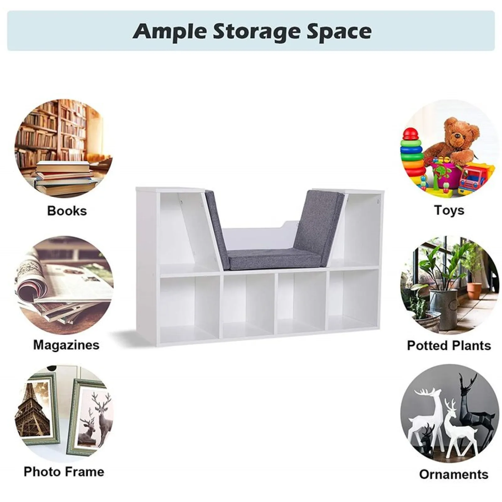 Little Helper Montessori Toys & Products | Toy Storage Units | Childrens Montessori Bookcase | Toy Storage | Kids Reading Seat | White | Grey Cushions