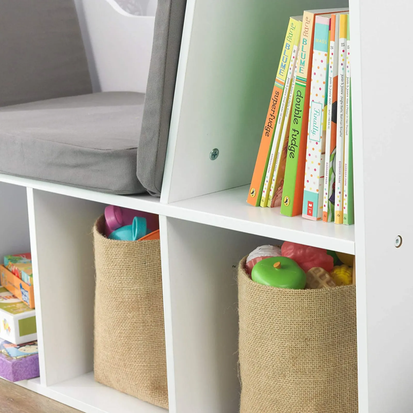 Little Helper Montessori Toys & Products | Toy Storage Units | Childrens Montessori Bookcase | Toy Storage | Kids Reading Seat | White | Grey Cushions