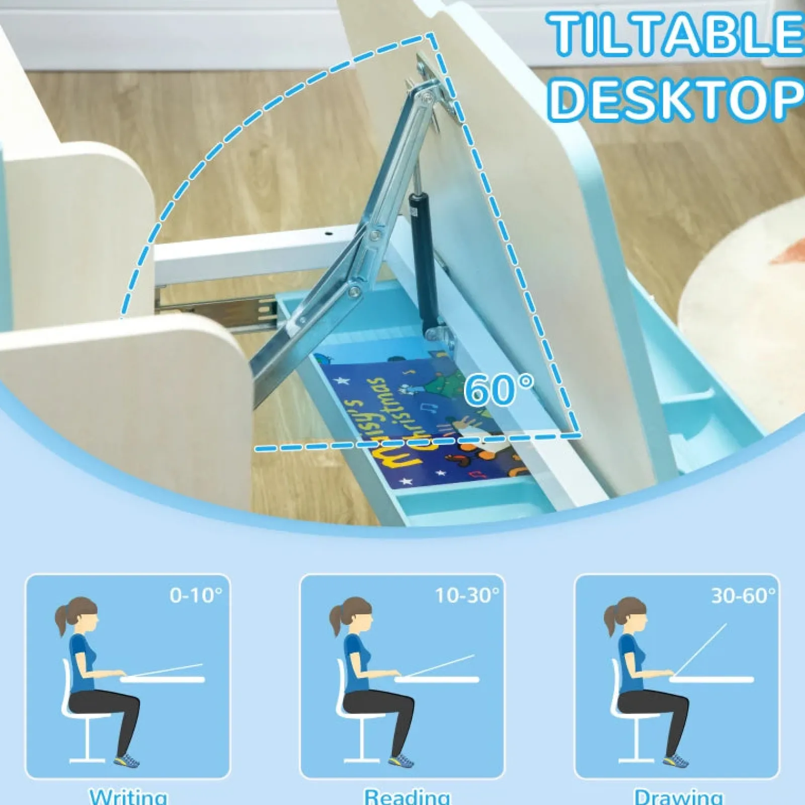 Little Helper Table & Chairs (plastic) | Children's Montessori Ergonomic Height Adjustable Tilting Desk & Chair | Blue | 3-12 Years