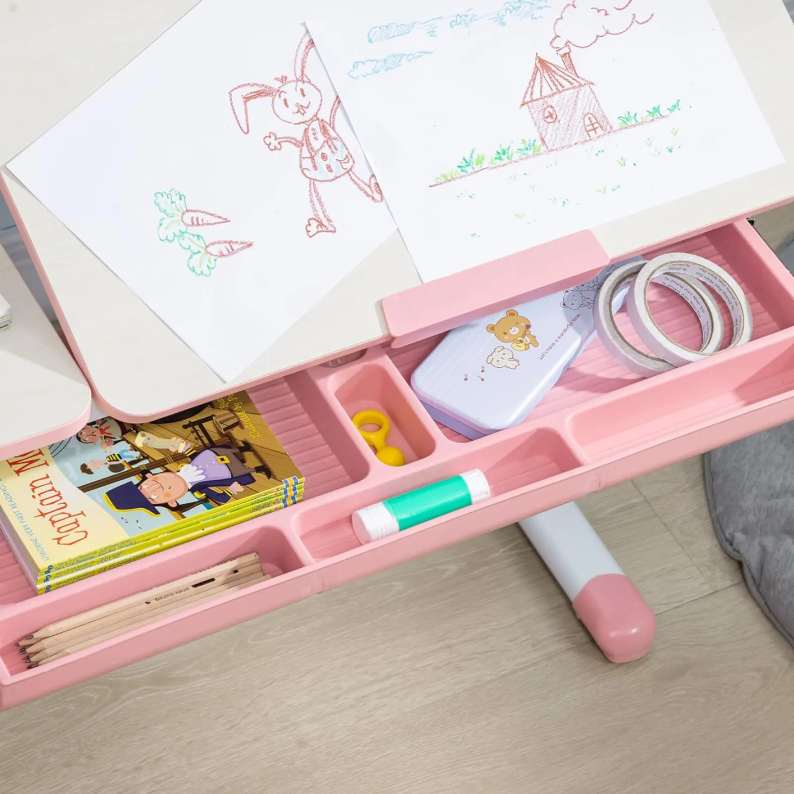 Little Helper Montessori Toys & Products | Table & Chairs (plastic) | Children's Montessori Ergonomic Height Adjustable Tilting Desk & Chair | Pink | 3-12 Years