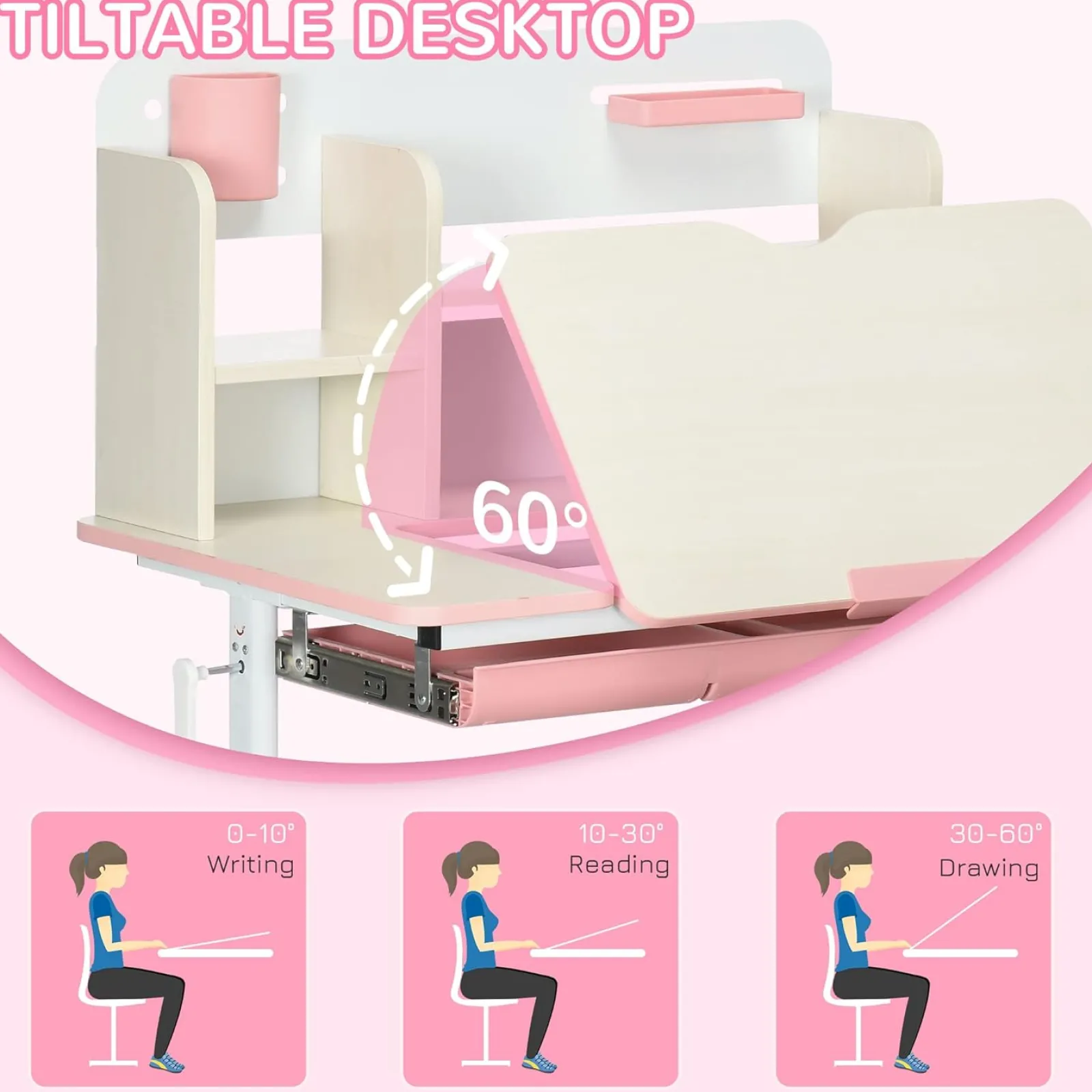 Little Helper Montessori Toys & Products | Table & Chairs (plastic) | Children's Montessori Ergonomic Height Adjustable Tilting Desk & Chair | Pink | 3-12 Years
