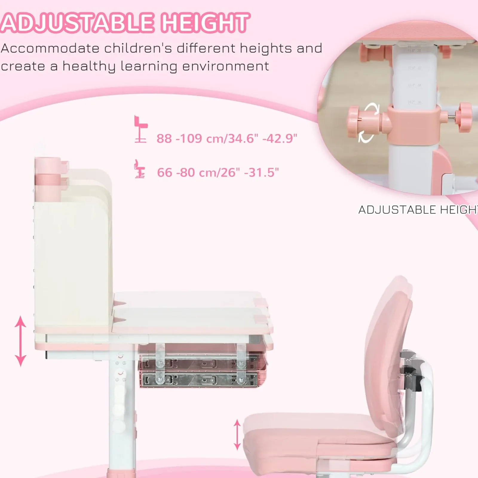 Little Helper Montessori Toys & Products | Table & Chairs (plastic) | Children's Montessori Ergonomic Height Adjustable Tilting Desk & Chair | Pink | 3-12 Years