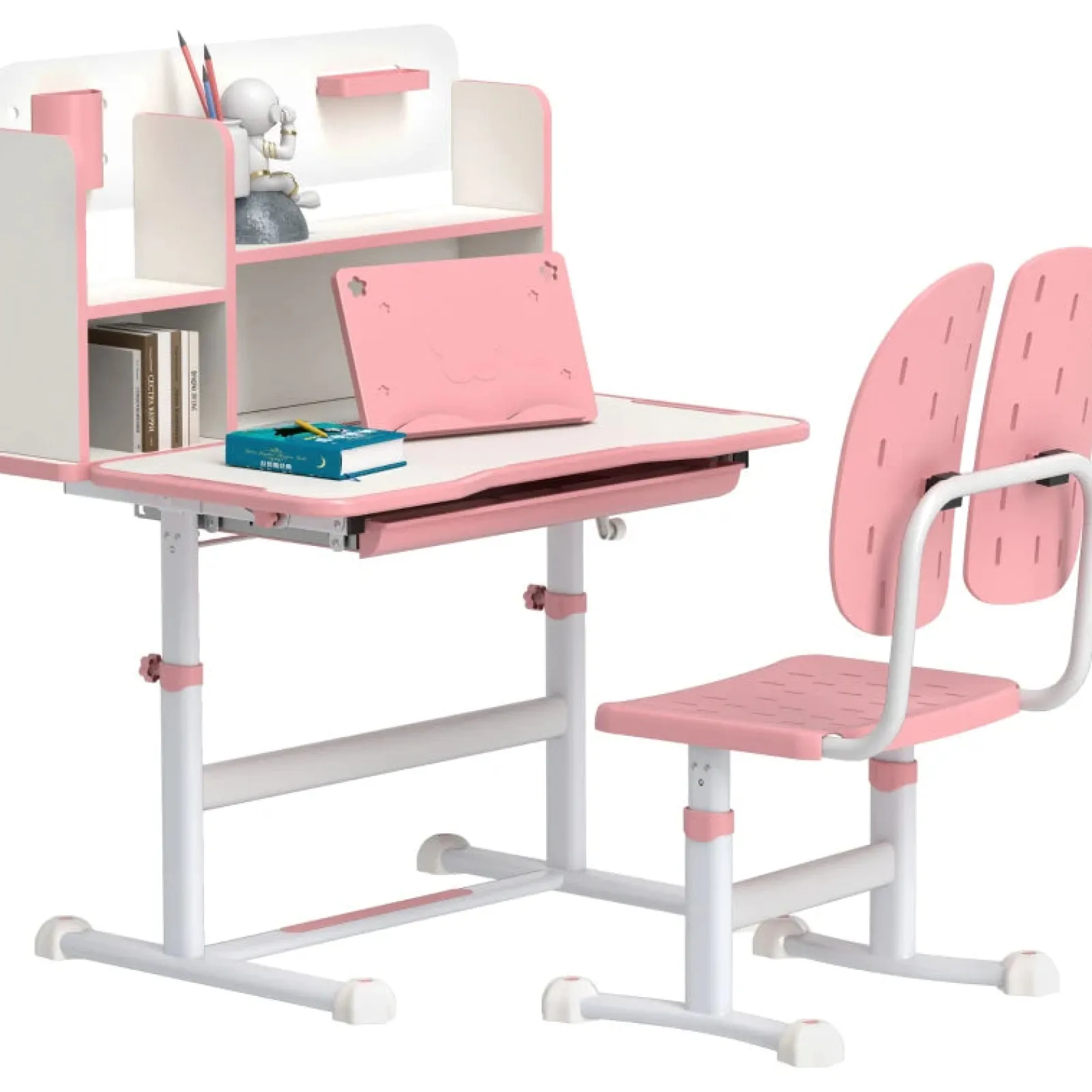 Little Helper Table & Chairs (plastic) | Children's Montessori Ergonomic Height Adjustable Tilting Study & Art Desk & Chair | Pink | 3-12 Years