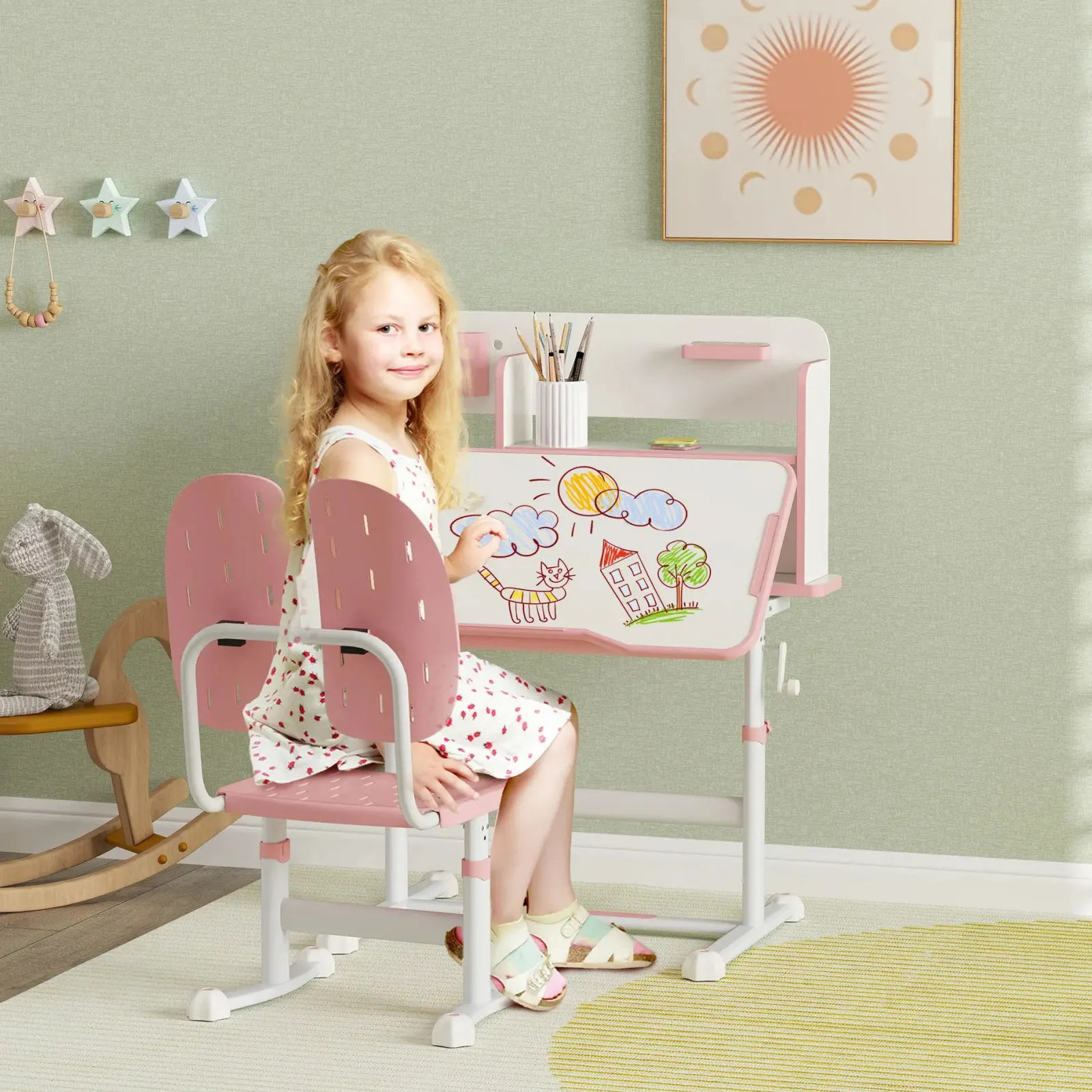 Little Helper Table & Chairs (plastic) | Children's Montessori Ergonomic Height Adjustable Tilting Study & Art Desk & Chair | Pink | 3-12 Years
