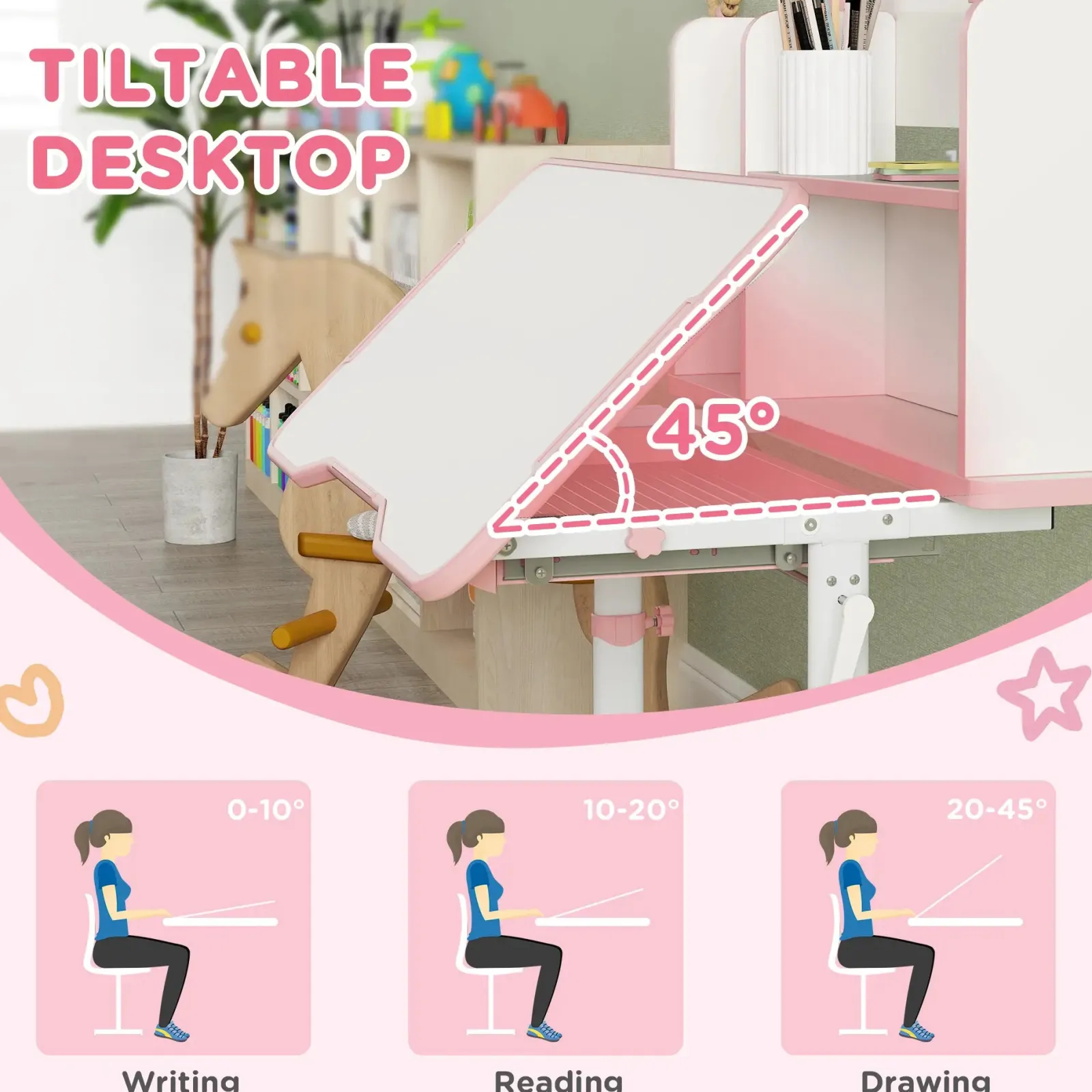 Little Helper Table & Chairs (plastic) | Children's Montessori Ergonomic Height Adjustable Tilting Study & Art Desk & Chair | Pink | 3-12 Years