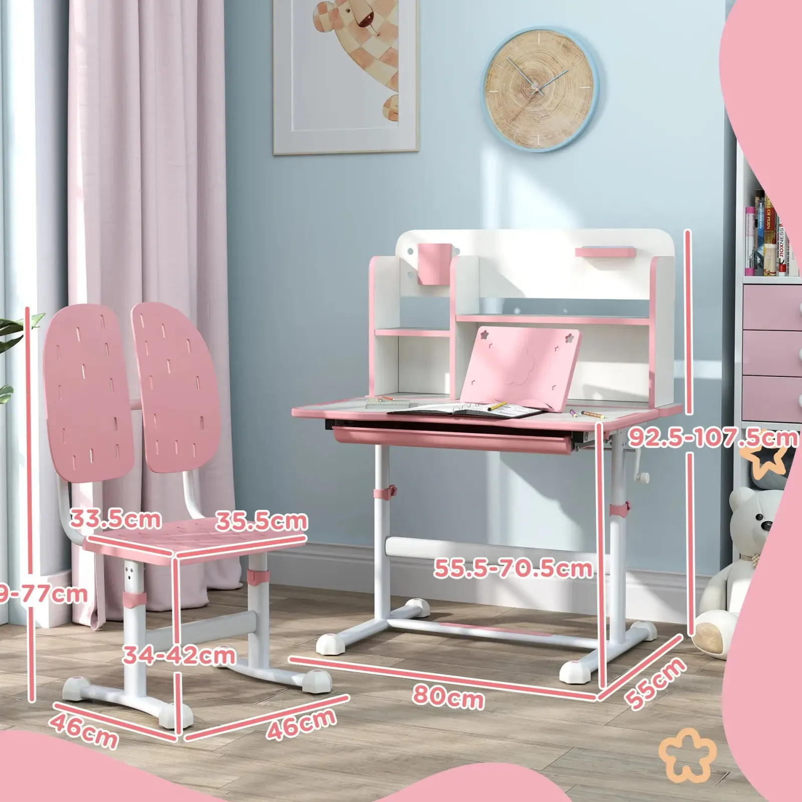 Little Helper Table & Chairs (plastic) | Children's Montessori Ergonomic Height Adjustable Tilting Study & Art Desk & Chair | Pink | 3-12 Years