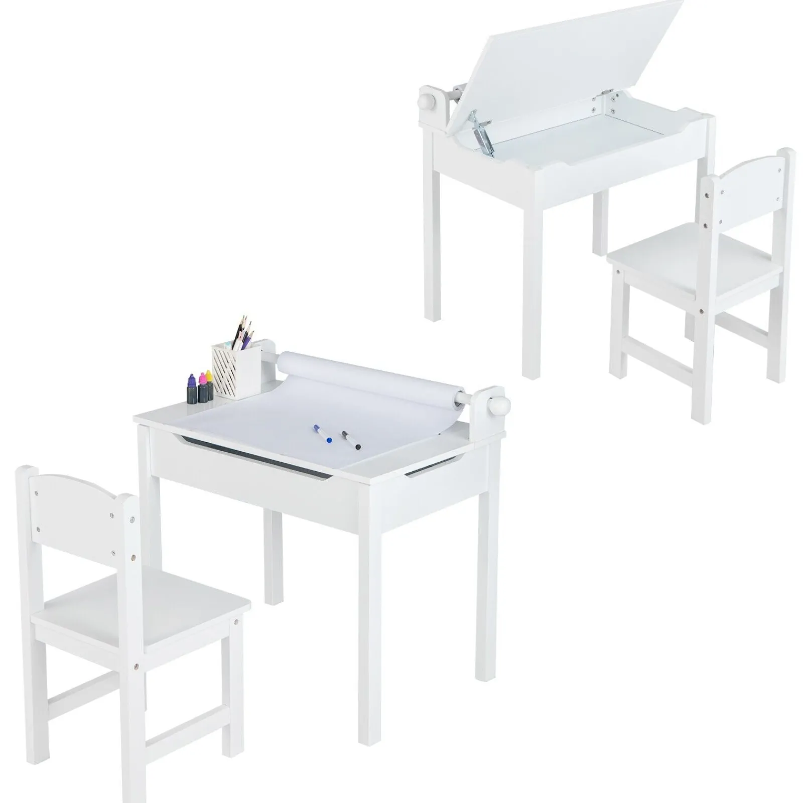 Little Helper Montessori Toys & Products | Table & Chairs (wooden) | Children's Montessori Homework Desk & Ergonomic Spine-Supporting Chair | Paper Roll | White | 3 Years+