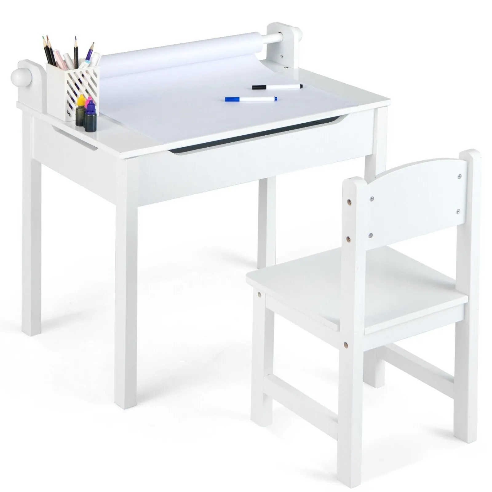 Little Helper Montessori Toys & Products | Table & Chairs (wooden) | Children's Montessori Homework Desk & Ergonomic Spine-Supporting Chair | Paper Roll | White | 3 Years+