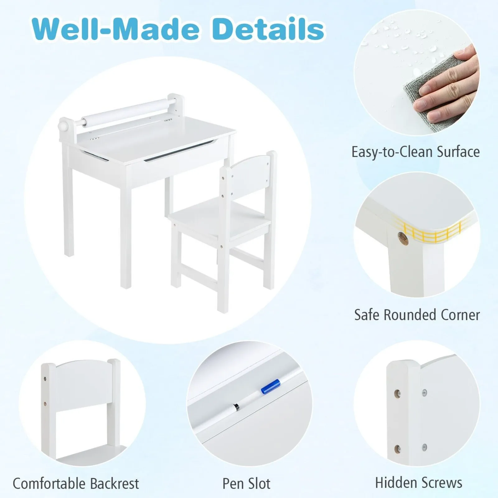 Little Helper Montessori Toys & Products | Table & Chairs (wooden) | Children's Montessori Homework Desk & Ergonomic Spine-Supporting Chair | Paper Roll | White | 3 Years+