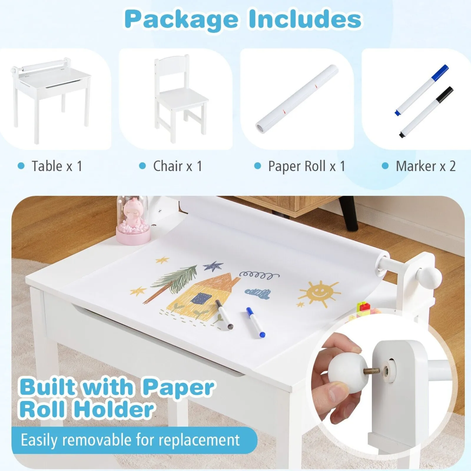 Little Helper Montessori Toys & Products | Table & Chairs (wooden) | Children's Montessori Homework Desk & Ergonomic Spine-Supporting Chair | Paper Roll | White | 3 Years+