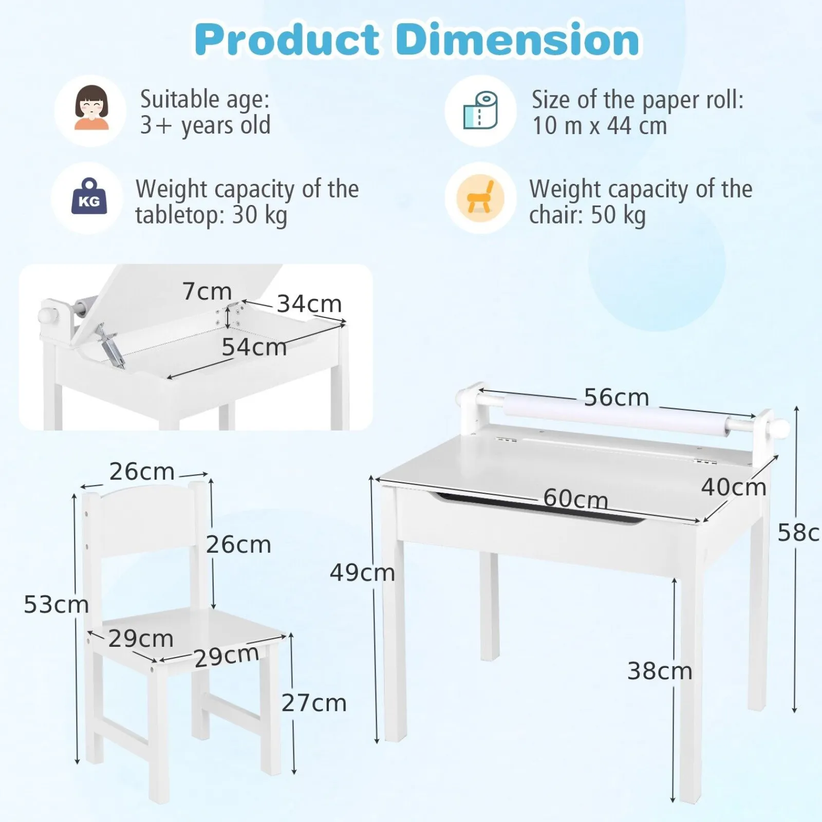 Little Helper Montessori Toys & Products | Table & Chairs (wooden) | Children's Montessori Homework Desk & Ergonomic Spine-Supporting Chair | Paper Roll | White | 3 Years+