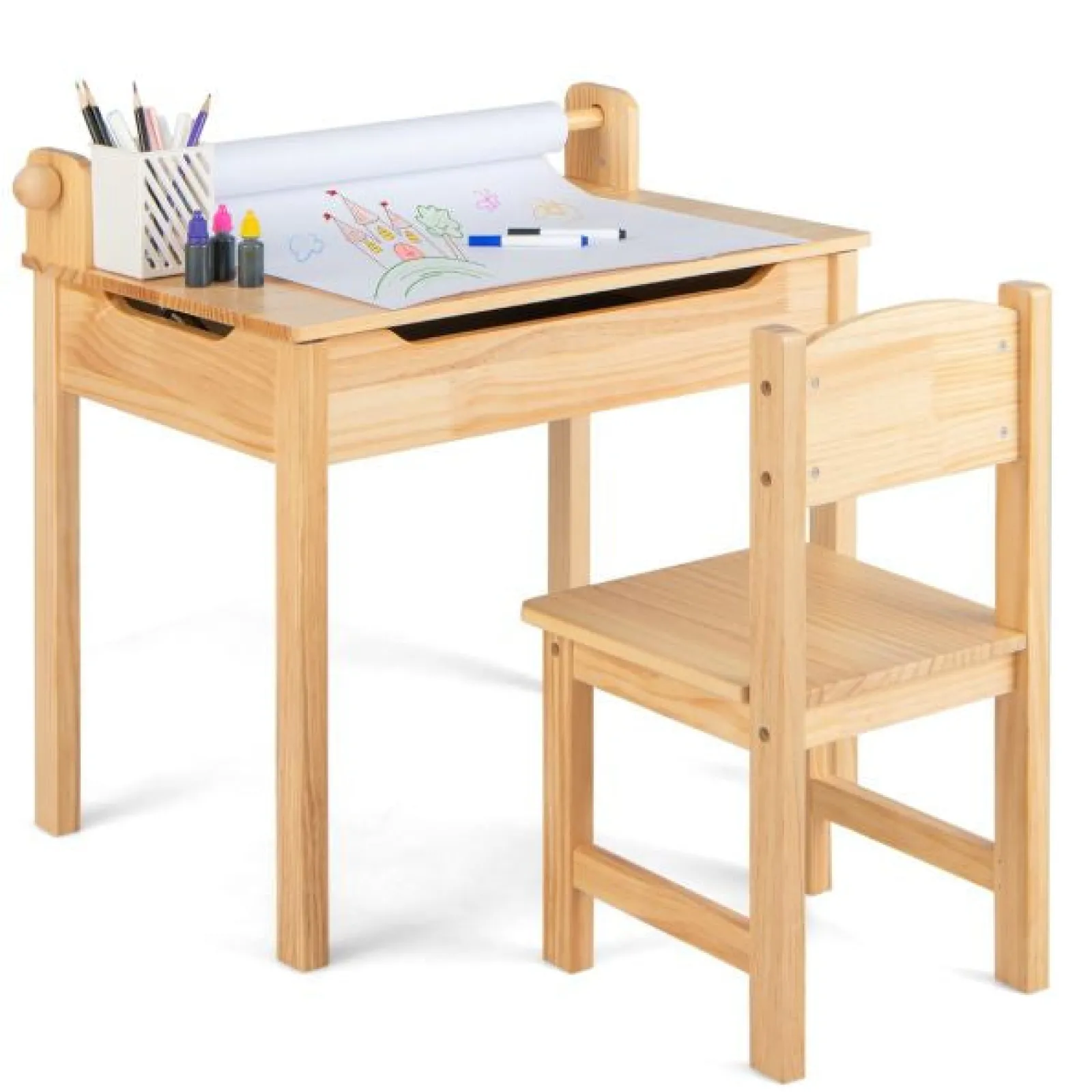 Little Helper Montessori Toys & Products | Table & Chairs (wooden) | Children's Montessori Homework Desk & Ergonomic Spine-Supporting Chair | Paper Roll | White | 3 Years+