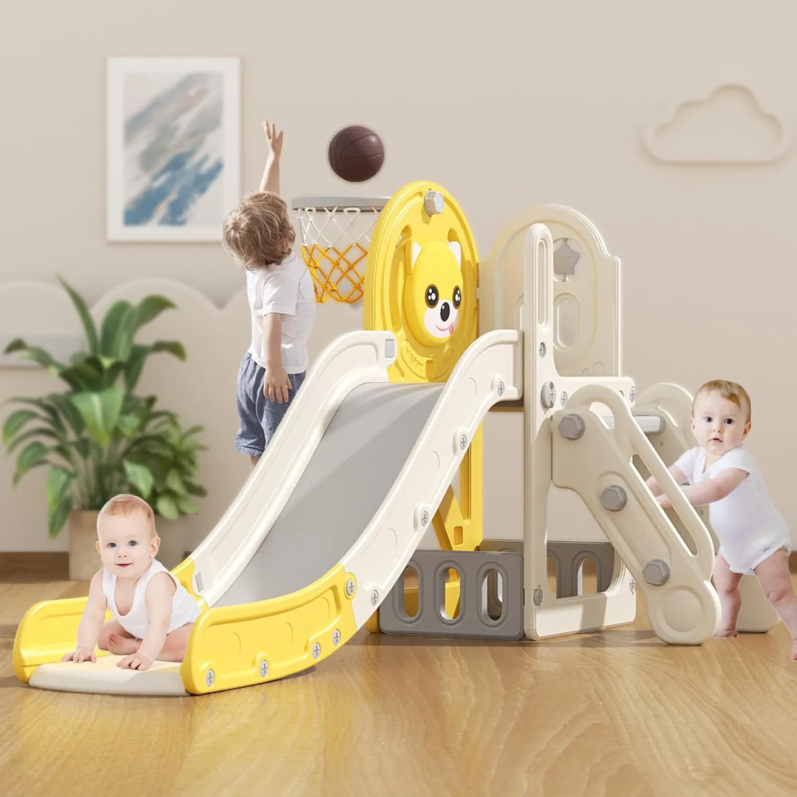 Little Helper Swing & Slide Sets & Garden Play & Trampolines | Montessori Toys & Products | Children’s Montessori Slide Set | Basketball Hoop | Indoor or Outdoor | Yellow or Grey