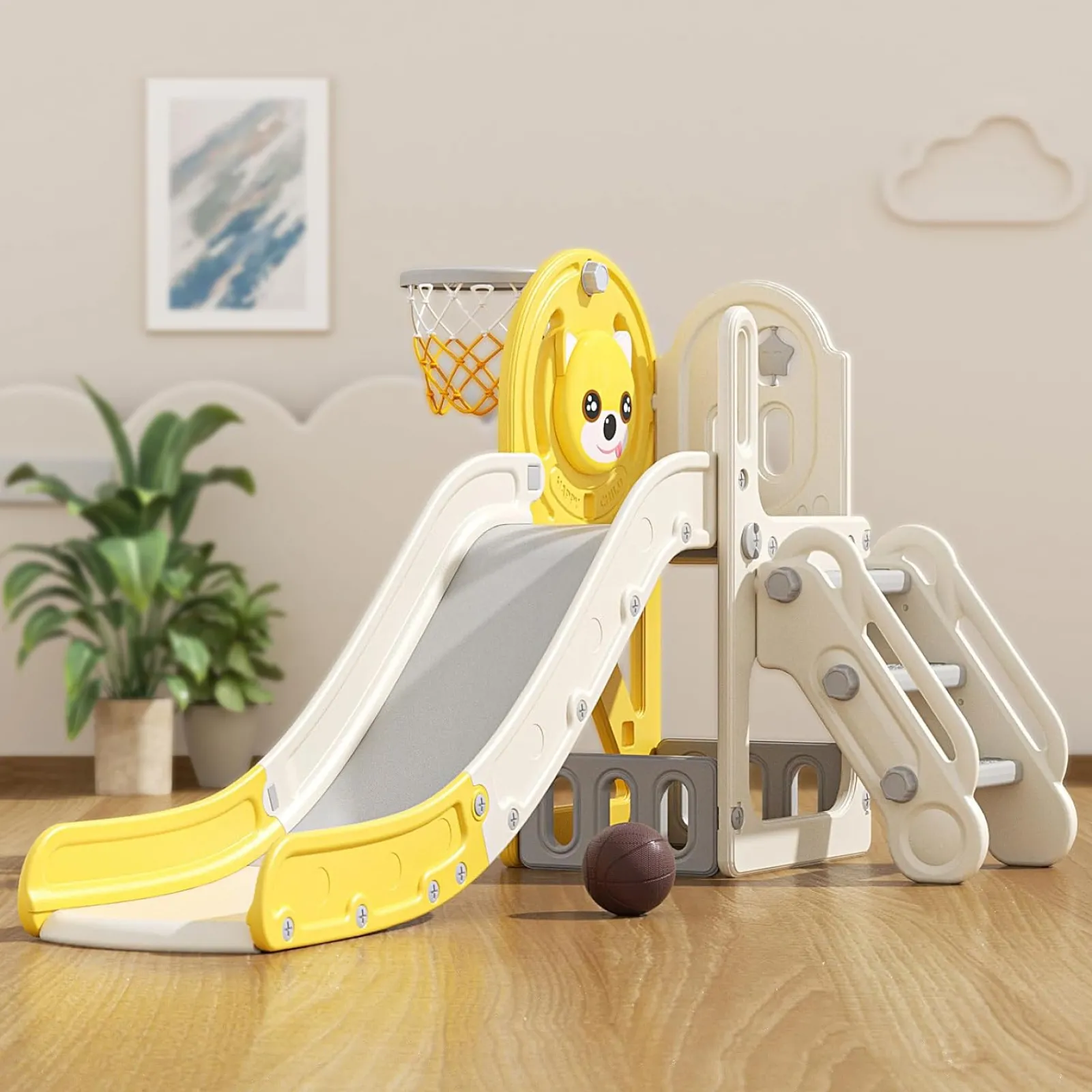 Little Helper Swing & Slide Sets & Garden Play & Trampolines | Montessori Toys & Products | Children’s Montessori Slide Set | Basketball Hoop | Indoor or Outdoor | Yellow or Grey