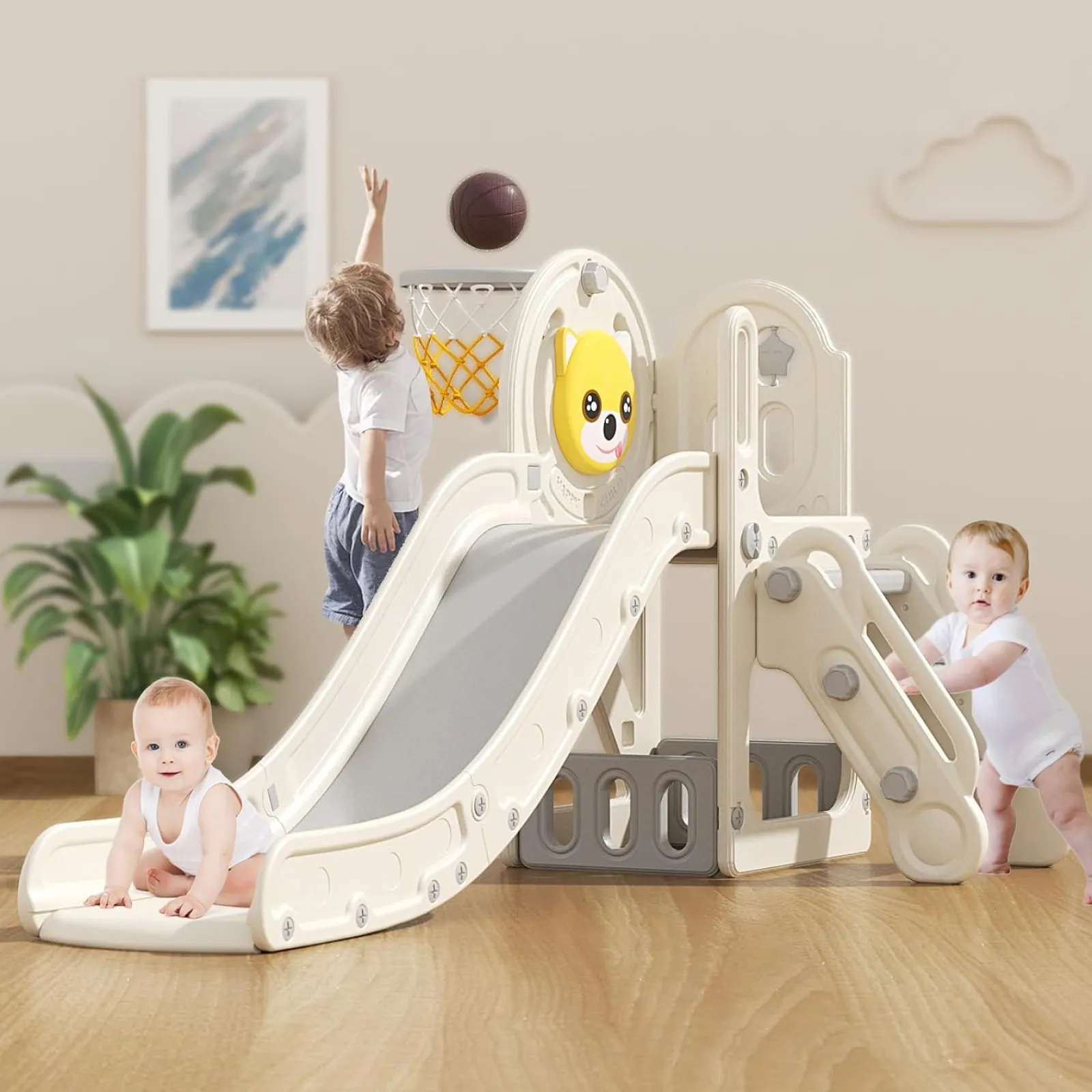 Little Helper Swing & Slide Sets & Garden Play & Trampolines | Montessori Toys & Products | Children’s Montessori Slide Set | Basketball Hoop | Indoor or Outdoor | Yellow or Grey