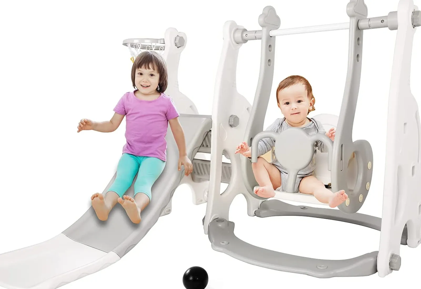Little Helper Swing & Slide Sets & Garden Play & Trampolines | Children's Montessori Swing and Slide Set | Basketball Hoop | Indoor Outdoor | Pink, Grey or Blue