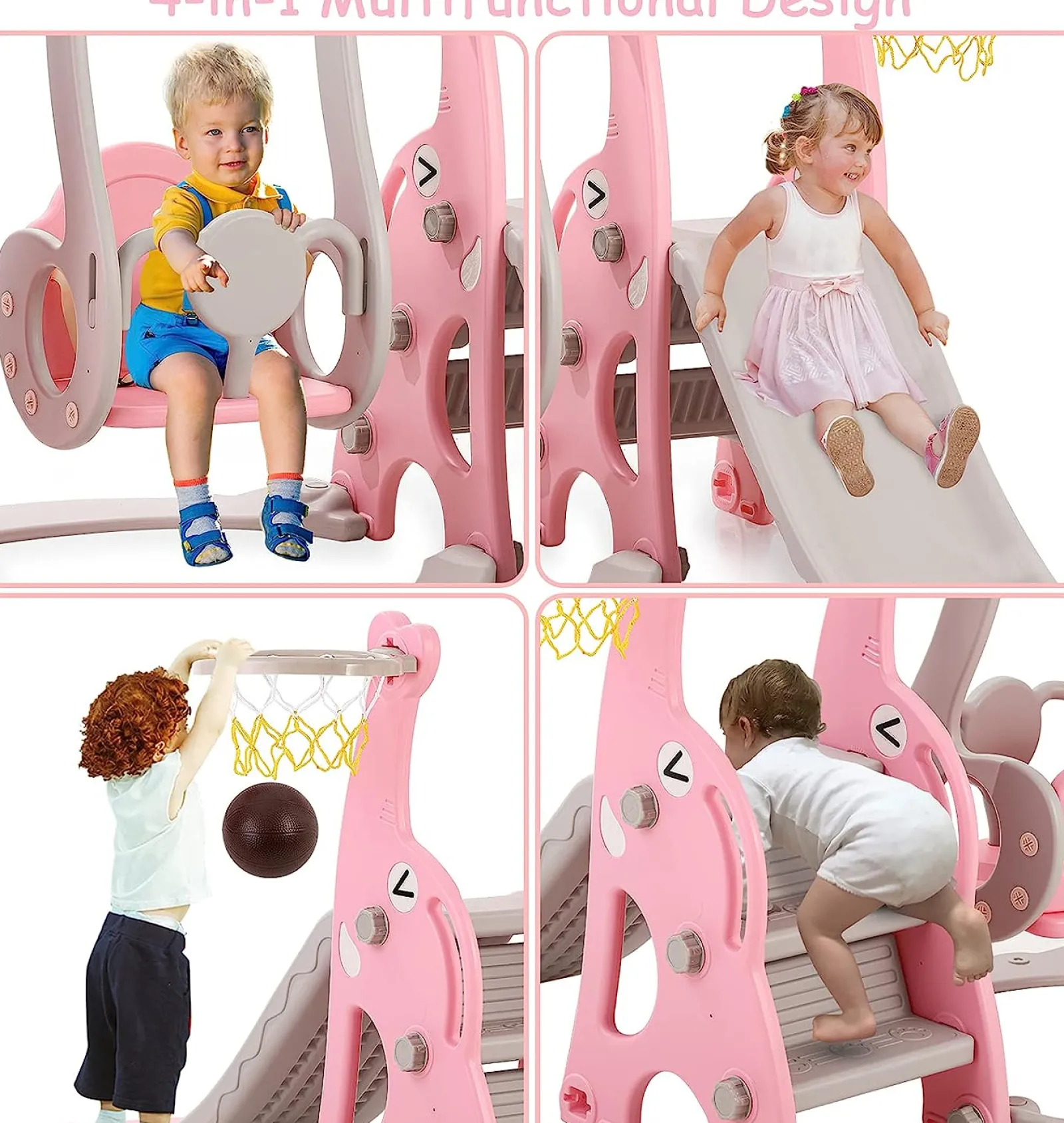 Little Helper Swing & Slide Sets & Garden Play & Trampolines | Children's Montessori Swing and Slide Set | Basketball Hoop | Indoor Outdoor | Pink, Grey or Blue
