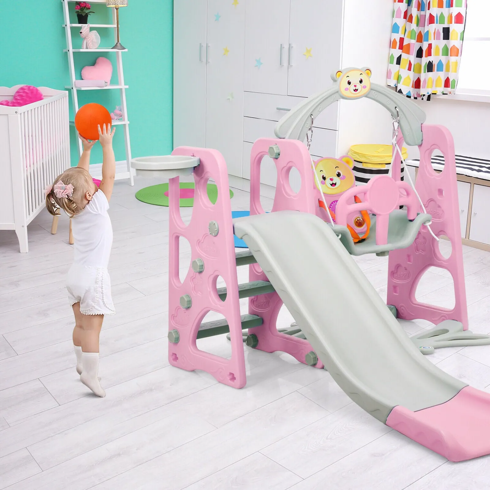 Little Helper Swing & Slide Sets & Garden Play & Trampolines | Children's Montessori Swing and Slide Set With Basketball Hoop | Indoor and Outdoor Play Play