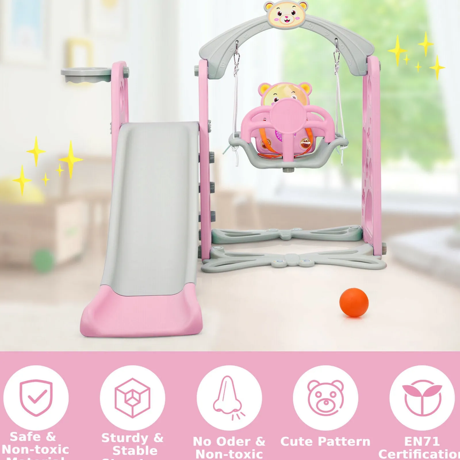 Little Helper Swing & Slide Sets & Garden Play & Trampolines | Children's Montessori Swing and Slide Set With Basketball Hoop | Indoor and Outdoor Play Play