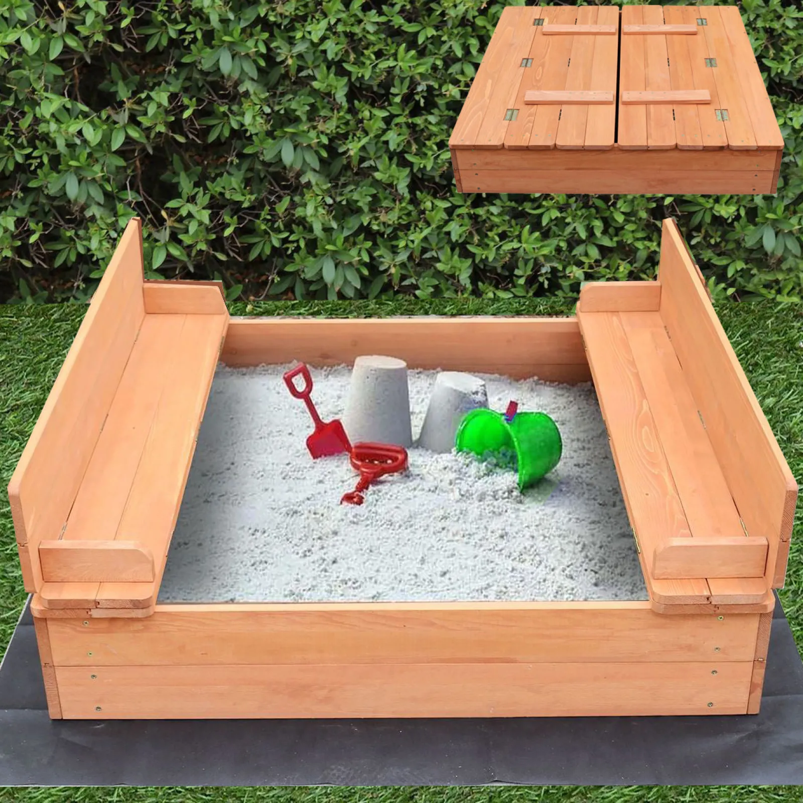 Little Helper Sand & Water Table & Sandpits & Mud Kitchens | Childrens Non-Allergenic Natural Wooden Sandpit with Lid and Seats | Outdoor Kids Sandpit | Optional Waterproof Cover | 97 x 97 x 20 cm