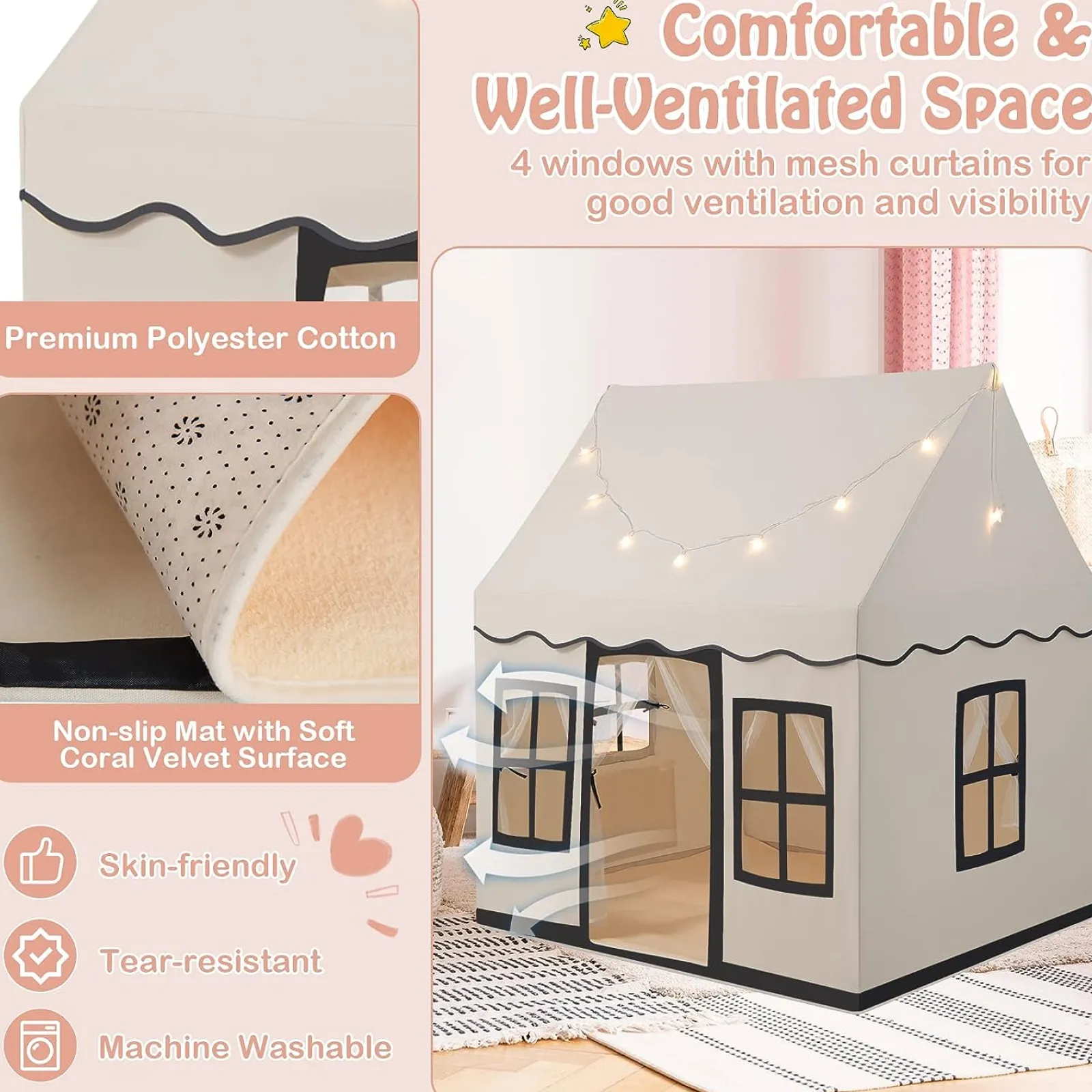 Little Helper Playhouses, Teepees & Dens | Playhouses, Teepees & Dens | Children’s Play House | Wendy House | Windows and Fairy Lights | Cream
