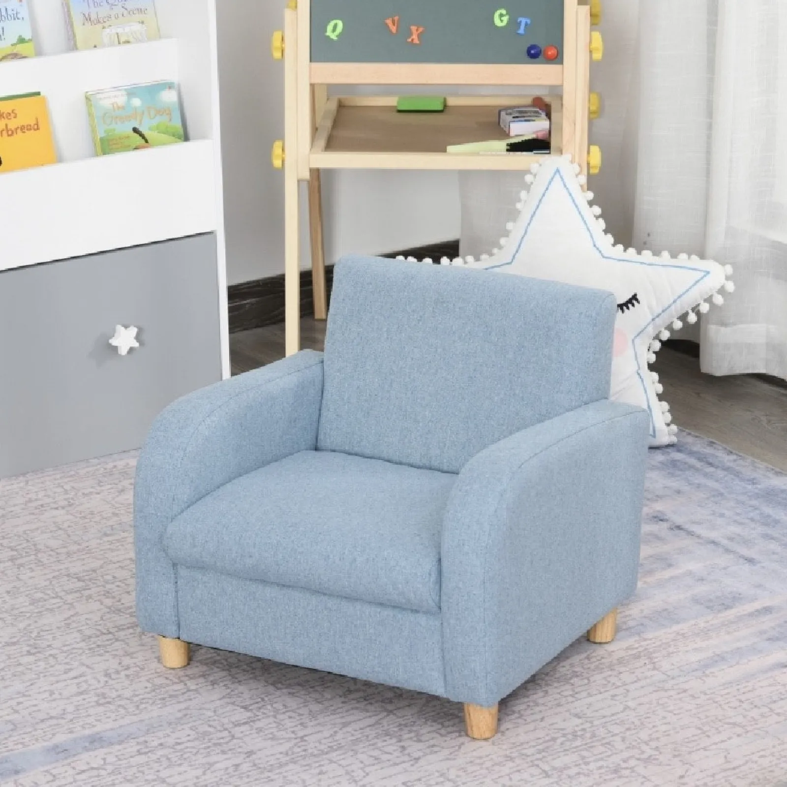 Little Helper Chairs & Stools | Childrens Premium Quality and Deluxe Single Armchair | Linen Look | Blue | 3-8 Years