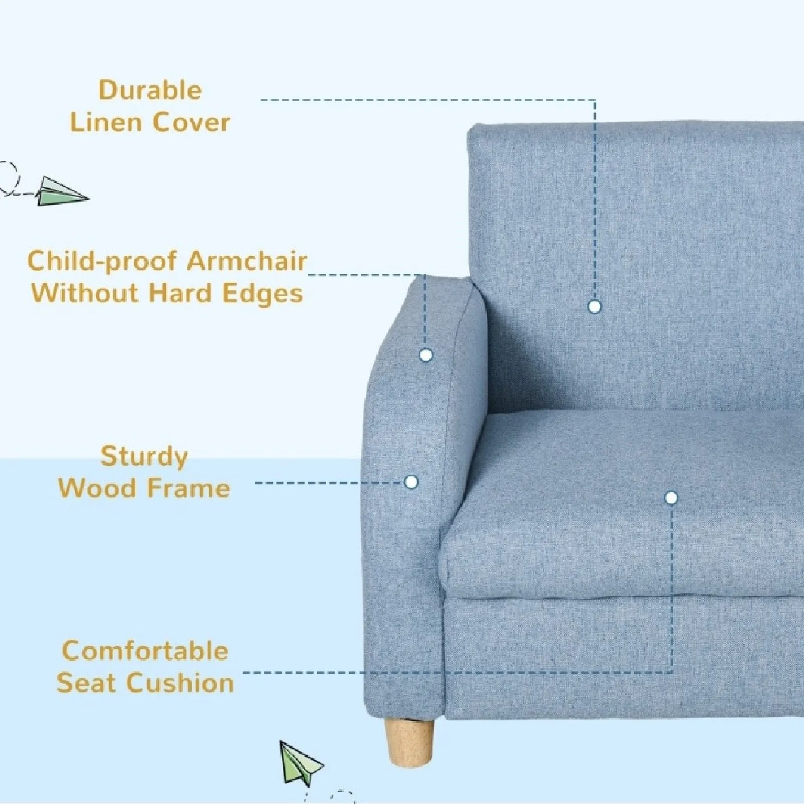 Little Helper Chairs & Stools | Childrens Premium Quality and Deluxe Single Armchair | Linen Look | Blue | 3-8 Years