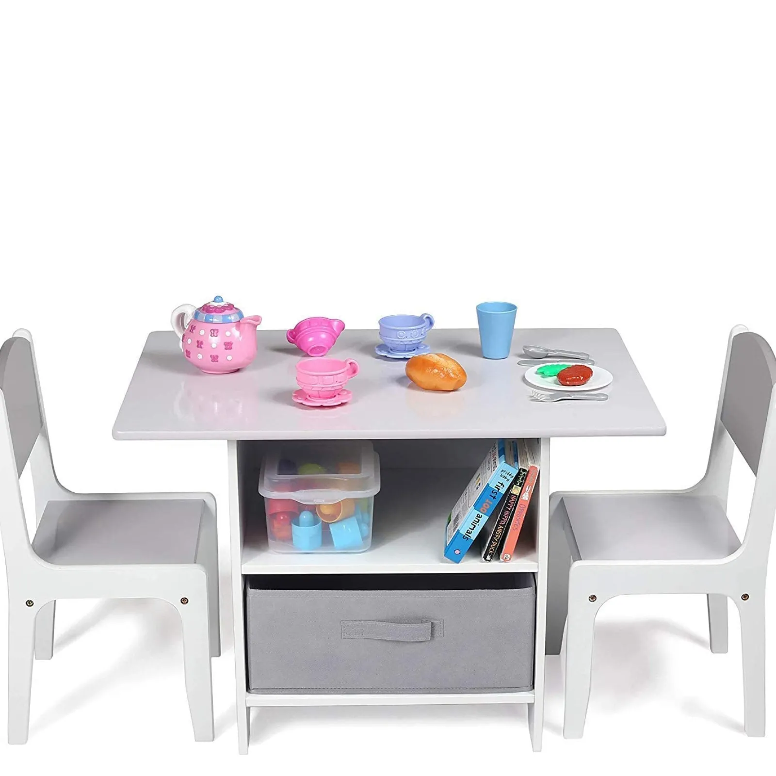 Little Helper Table & Chairs (wooden) | Childrens Scratch-resistant Wooden Table and 2 Chairs Set with Large Storage Drawers | White & Grey