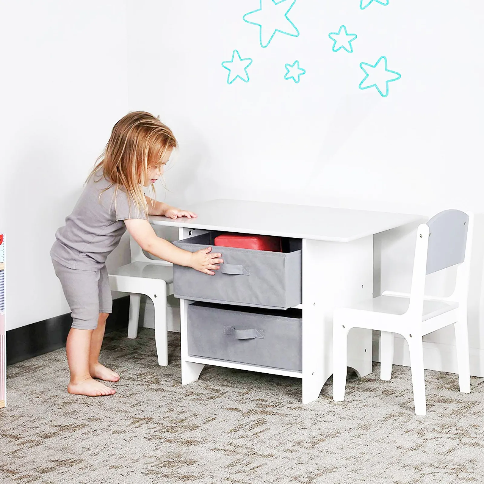 Little Helper Table & Chairs (wooden) | Childrens Scratch-resistant Wooden Table and 2 Chairs Set with Large Storage Drawers | White & Grey