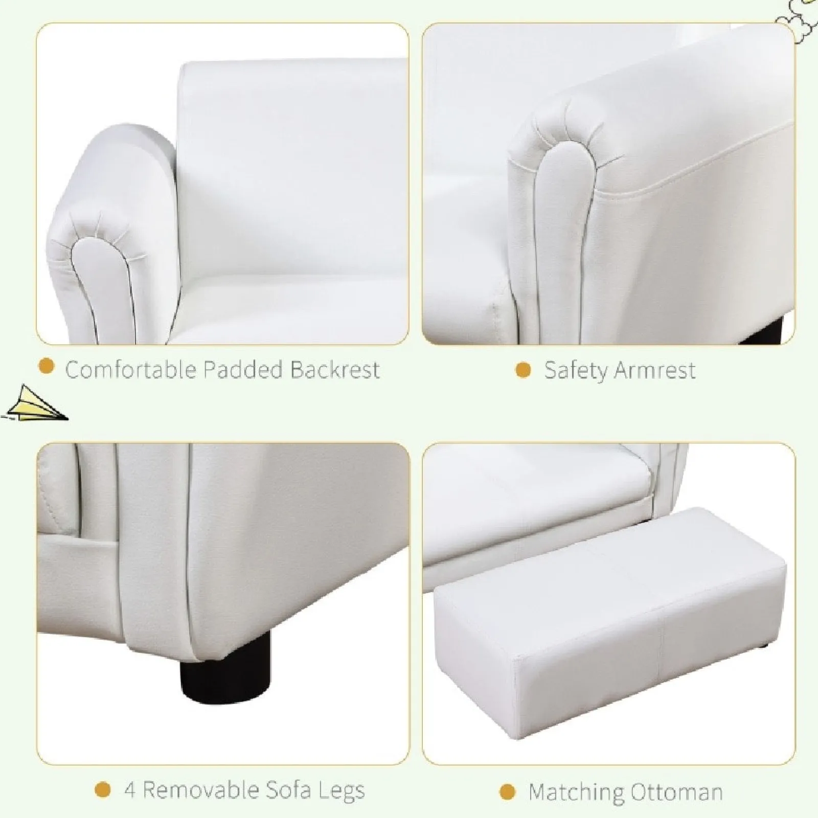 Little Helper Chairs & Stools | Childrens 2-Seater Mini Sofa Set with Large Footstool | White | 3-6 Years