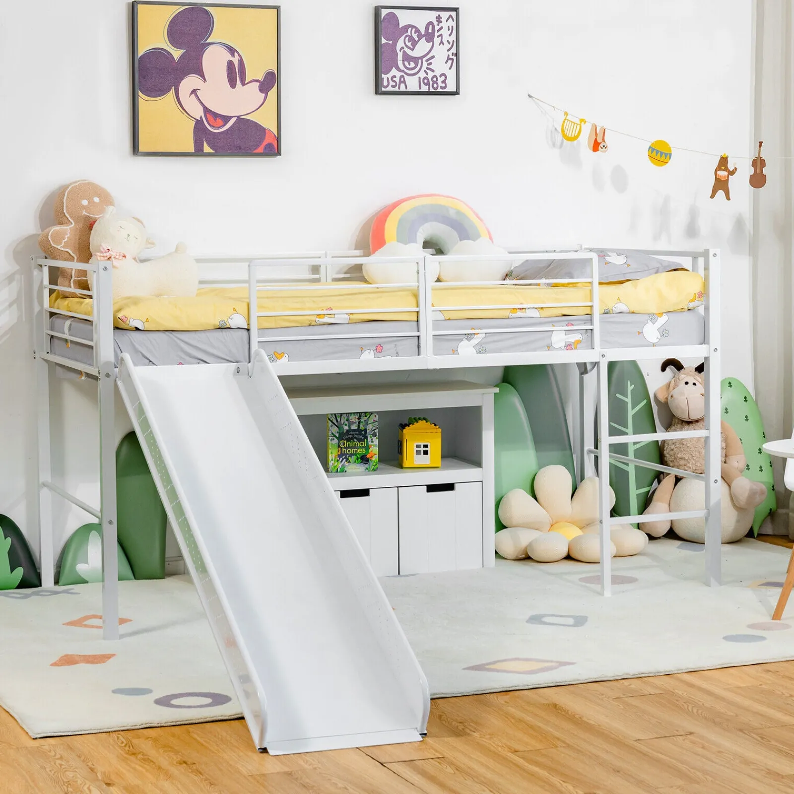 Little Helper Toddler Beds & Childrens Single Beds | Children's Single Bed Mid Sleeper with Slide | Steel Bed Frame W/Safety Guardrails | White