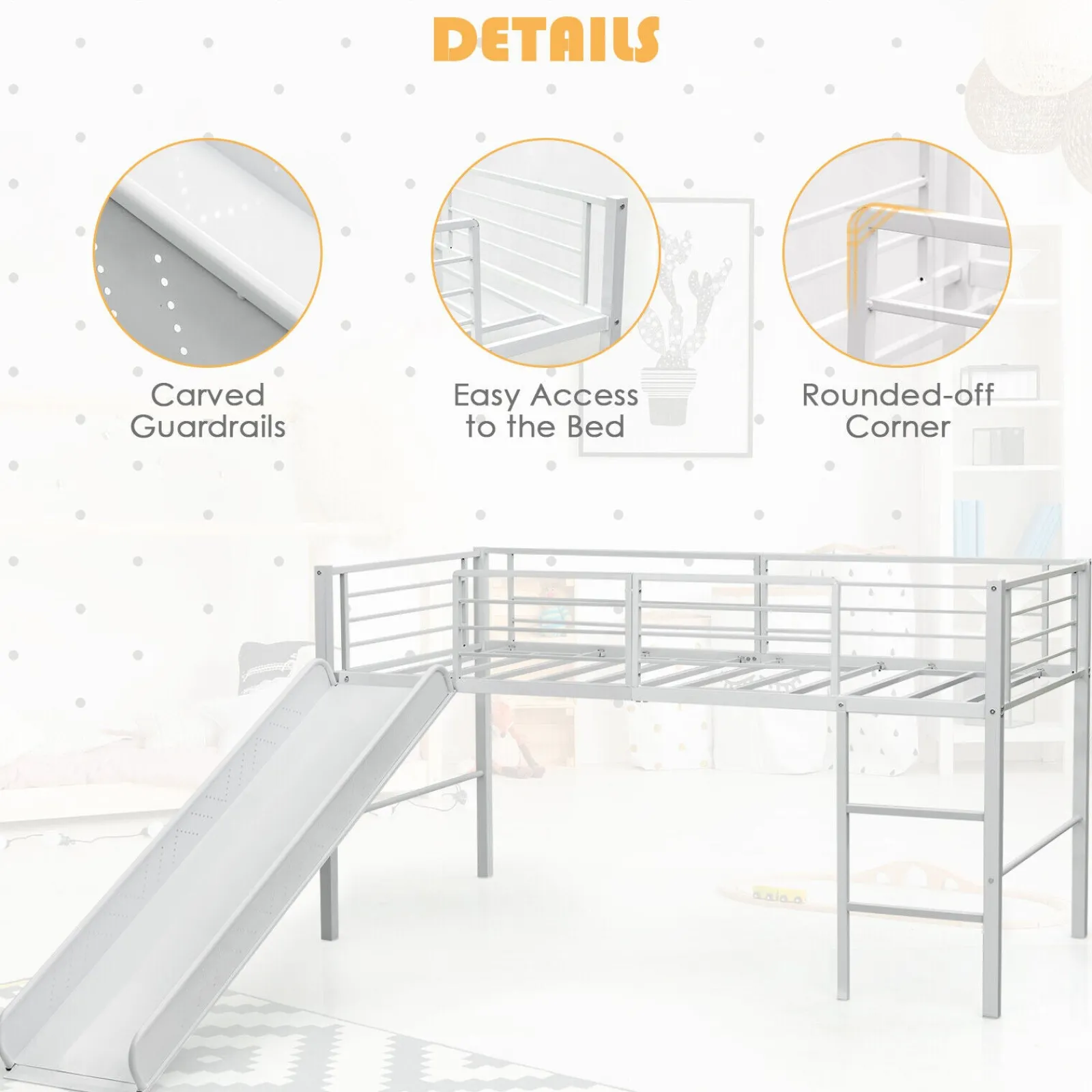 Little Helper Toddler Beds & Childrens Single Beds | Children's Single Bed Mid Sleeper with Slide | Steel Bed Frame W/Safety Guardrails | White