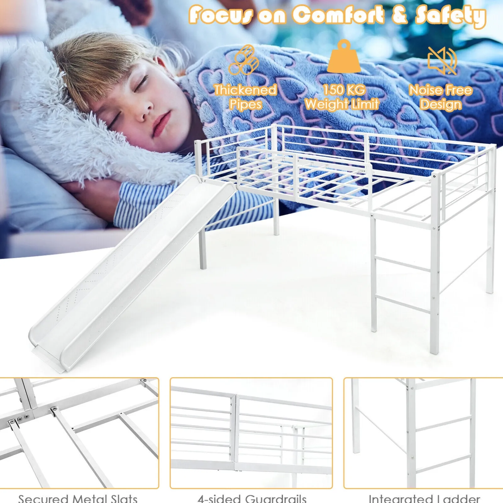 Little Helper Toddler Beds & Childrens Single Beds | Children's Single Bed Mid Sleeper with Slide | Steel Bed Frame W/Safety Guardrails | White
