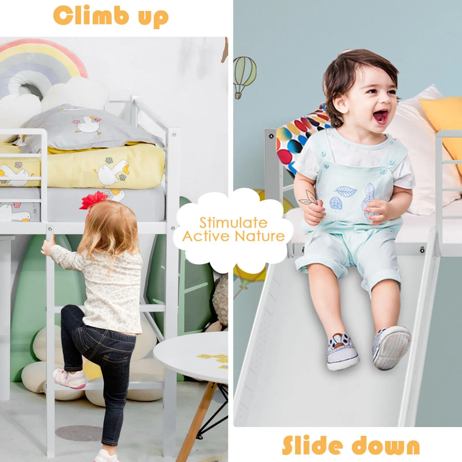 Little Helper Toddler Beds & Childrens Single Beds | Children's Single Bed Mid Sleeper with Slide | Steel Bed Frame W/Safety Guardrails | White
