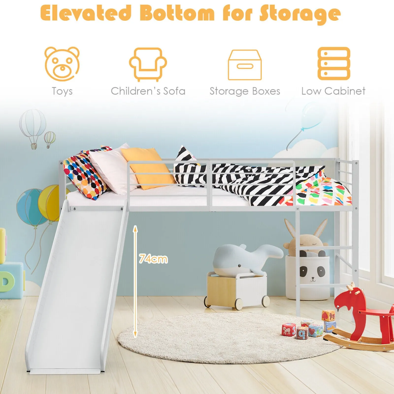 Little Helper Toddler Beds & Childrens Single Beds | Children's Single Bed Mid Sleeper with Slide | Steel Bed Frame W/Safety Guardrails | White