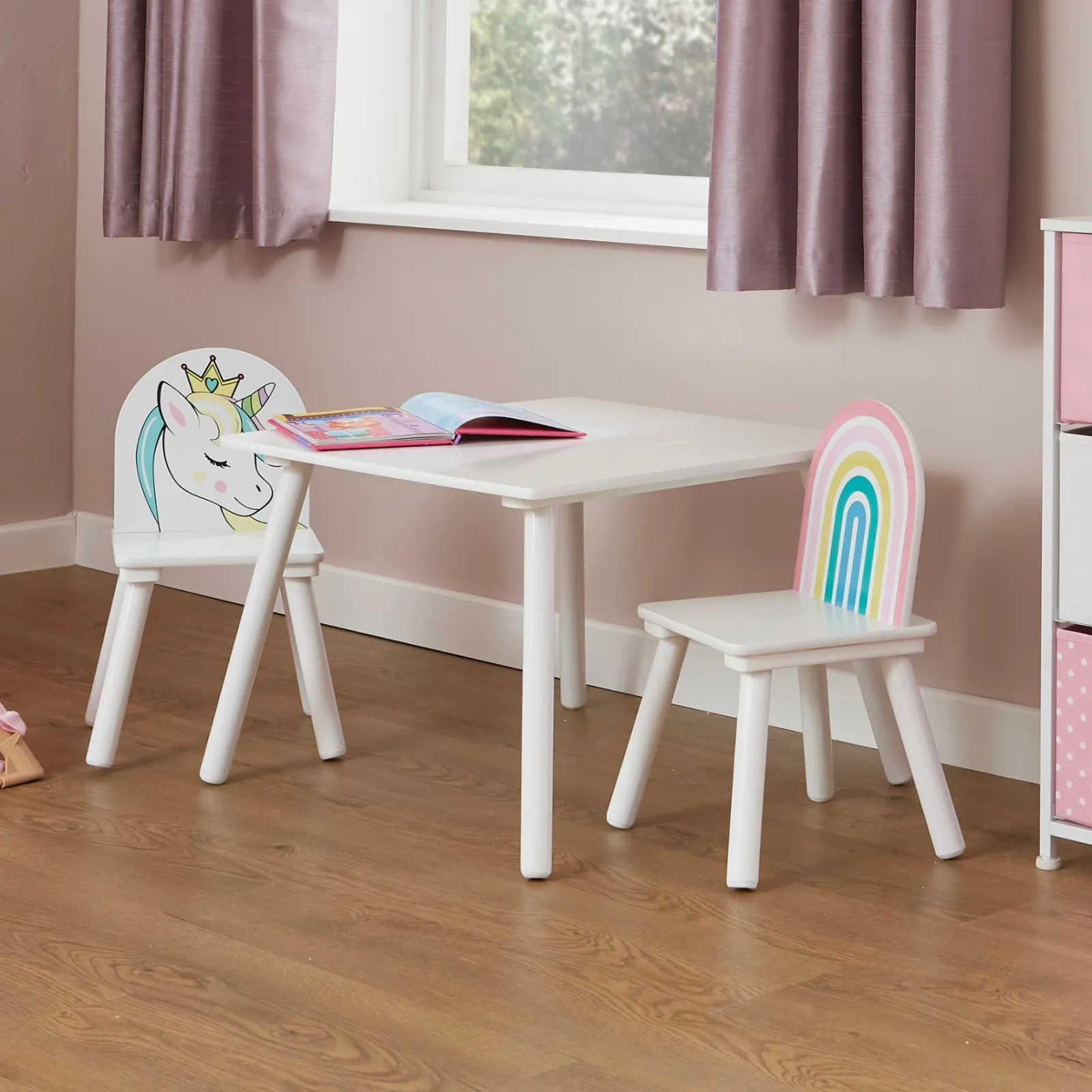 Little Helper Table & Chairs (wooden) | Children's Unicorn Wood Table and 2 Chairs Set | White | 2 Years +