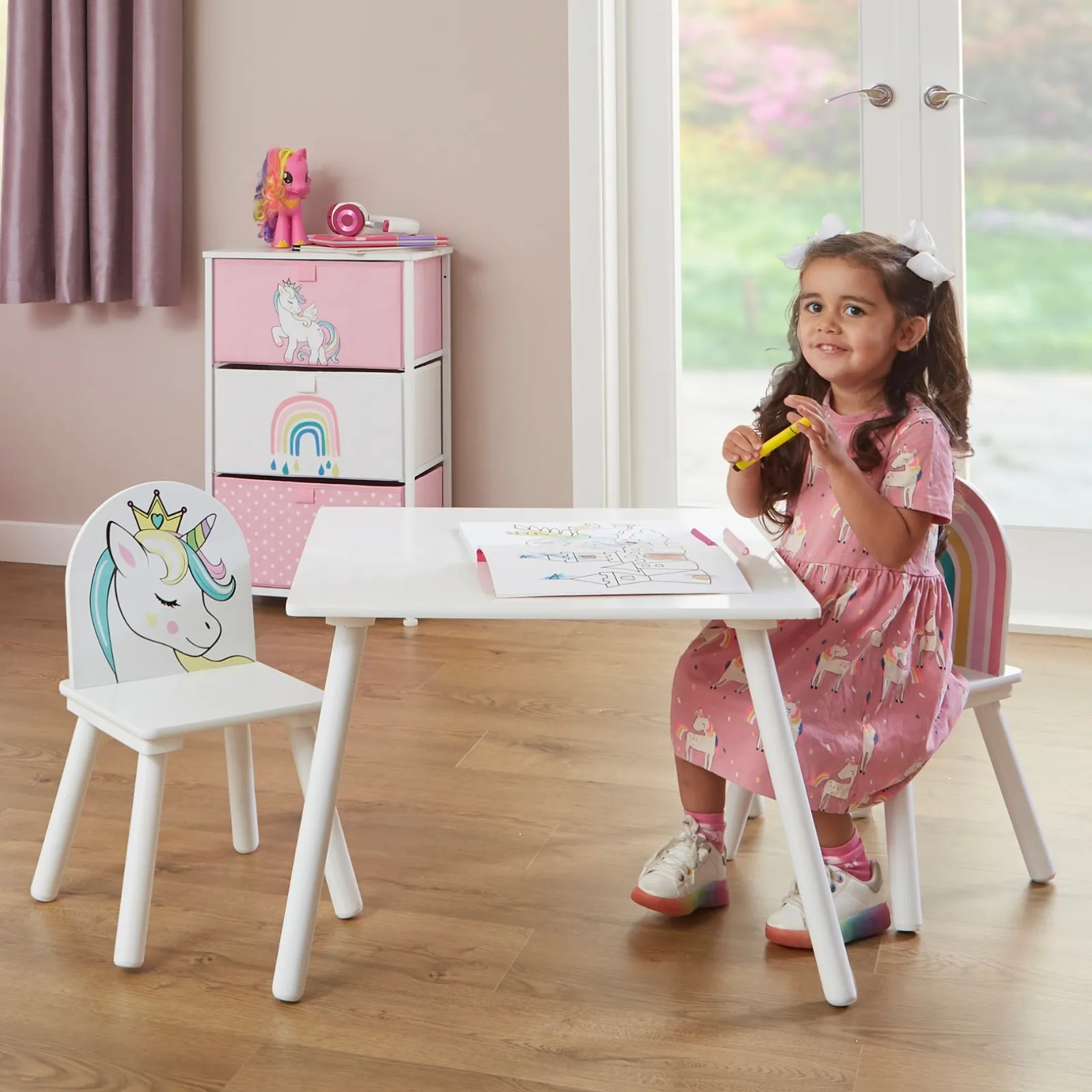 Little Helper Table & Chairs (wooden) | Children's Unicorn Wood Table and 2 Chairs Set | White | 2 Years +
