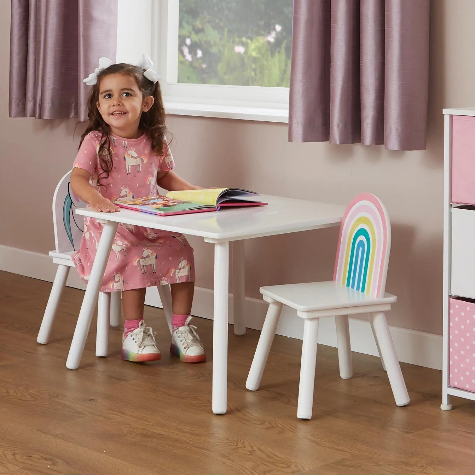Little Helper Table & Chairs (wooden) | Children's Unicorn Wood Table and 2 Chairs Set | White | 2 Years +