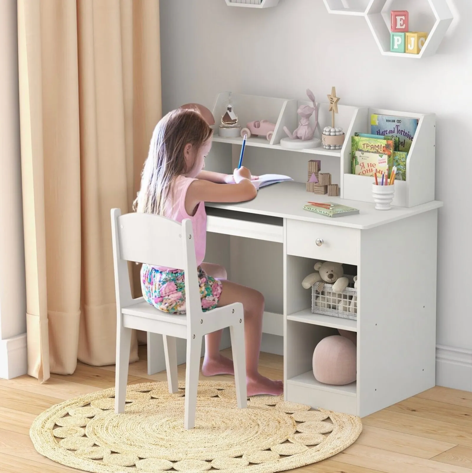 Little Helper Table & Chairs (wooden) | Children's White Homework Desk | Bureau | Storage Shelves & Drawer | 5-14 Years