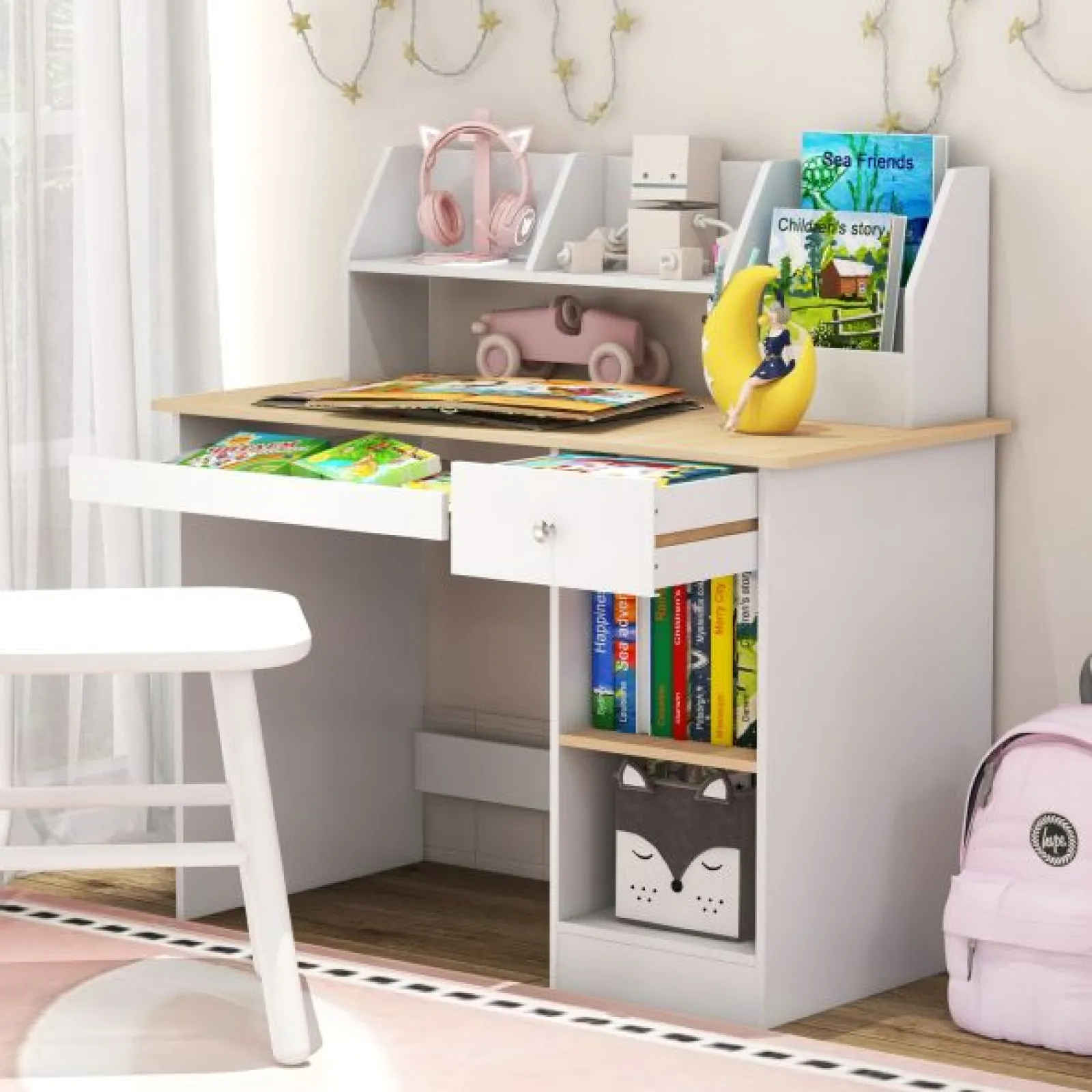 Little Helper Table & Chairs (wooden) | Children's White Homework Desk | Bureau | Storage Shelves & Drawer | 5-14 Years