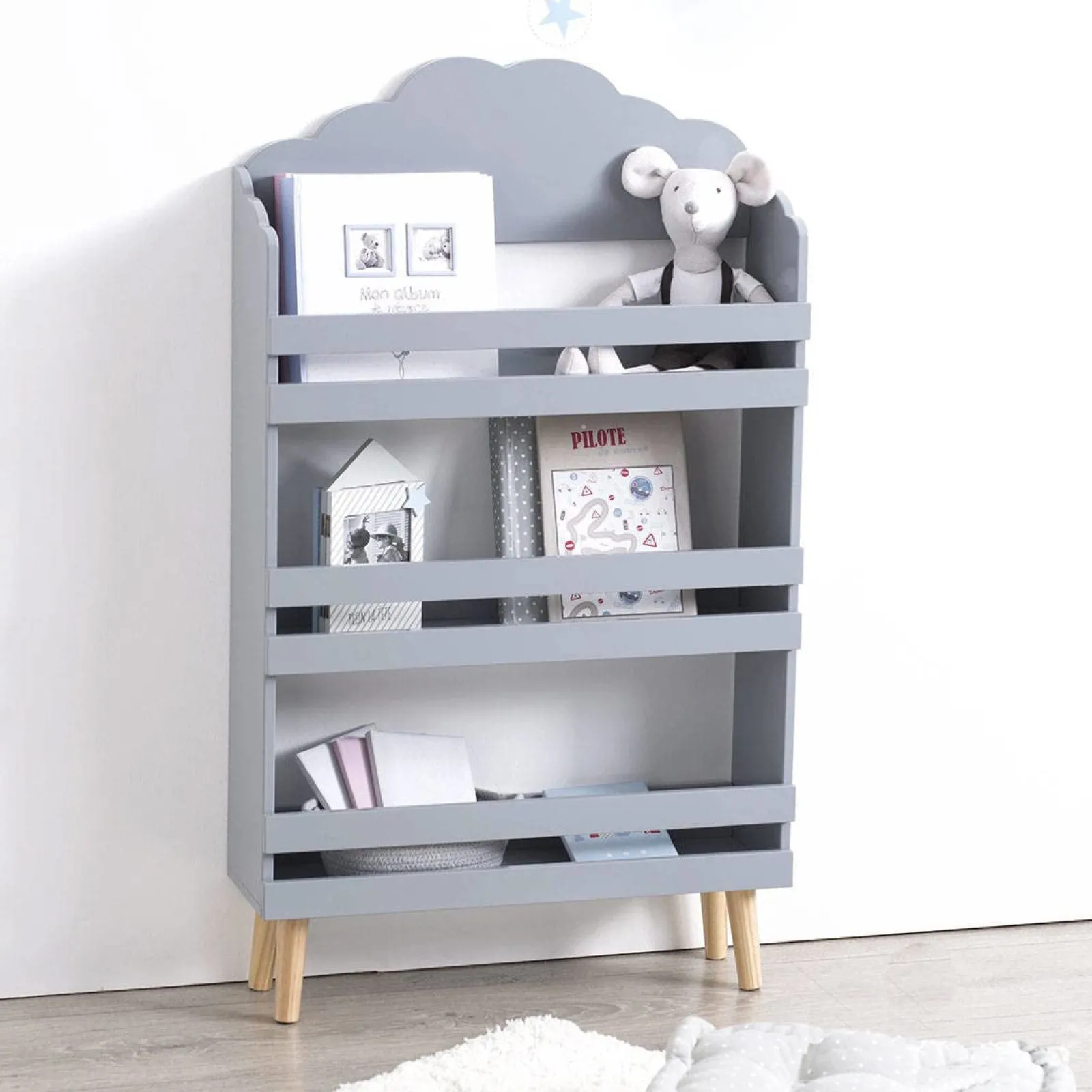 Little Helper Bookcases & Kids Bookshelves | Kids Bookcases & Kids Bookshelves | Children's Wood Montessori 3 Tier Bookcase | Cloud Design | Grey | 1m High