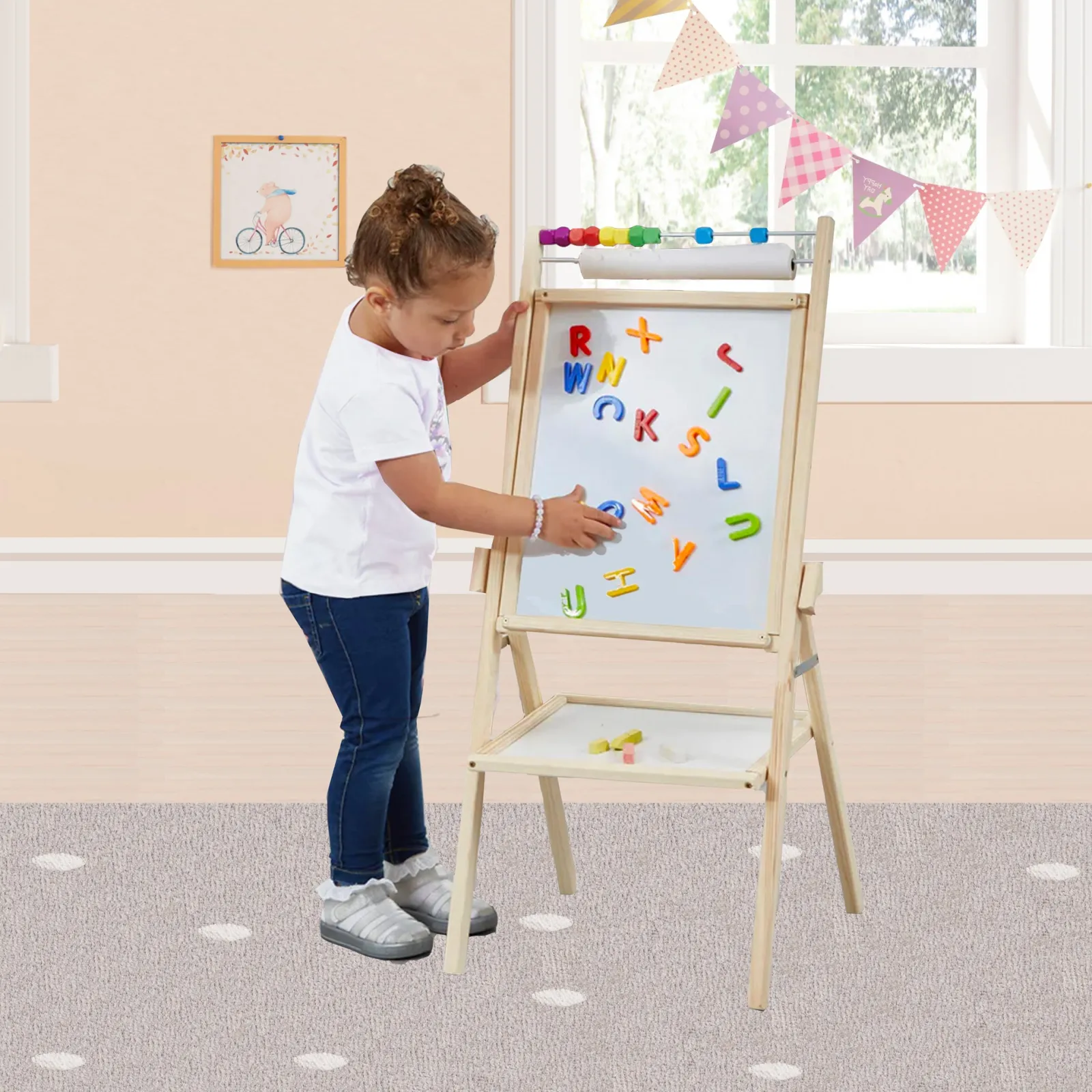 Little Helper Kids Arts & Crafts & Accessories | Easels & Accessories | Childrens Wooden 4-in-1 Double Sided Easel | Paper Roll | Counting Beads | 35pc Accessories | 3 Years+